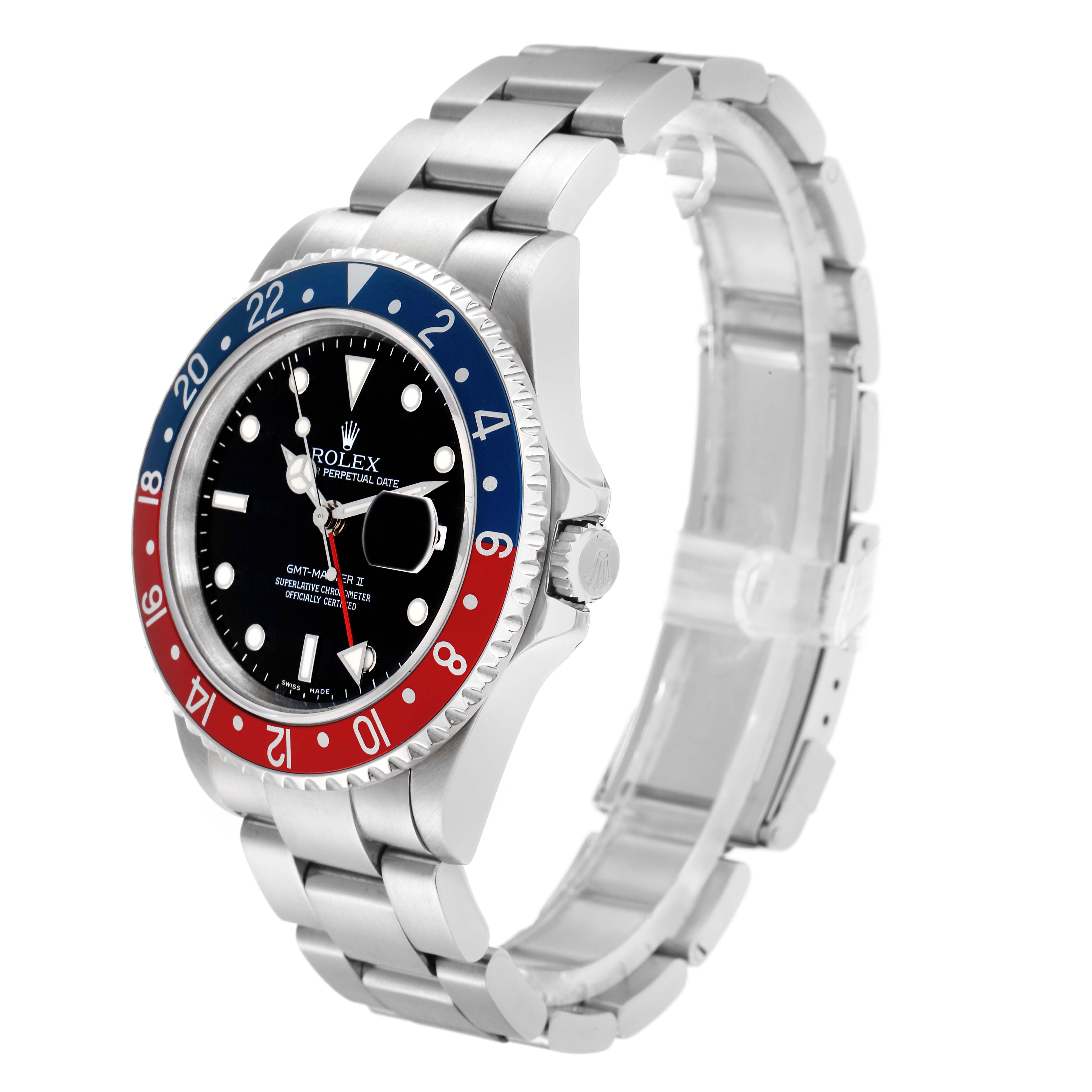The Rolex GMT-Master 16710 Men
s Stainless Steel Black Dial watch is shown at a three-quarter angle, displaying the bezel, dial, and stainless steel bracelet clearly.