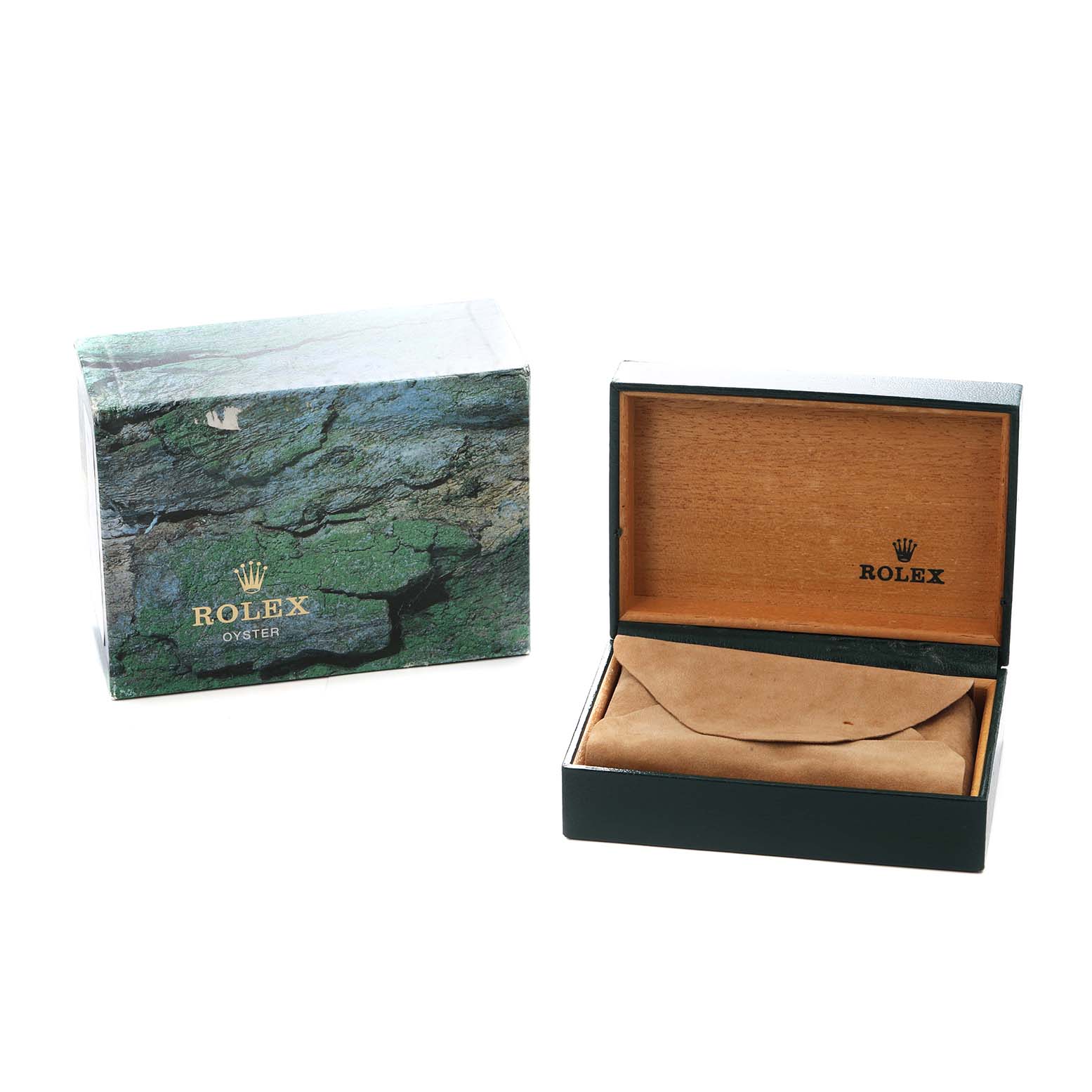 The image shows the packaging for a Rolex GMT-Master 16710 Men
s Stainless Steel Black Dial, including an outer box and an open, empty inner case.