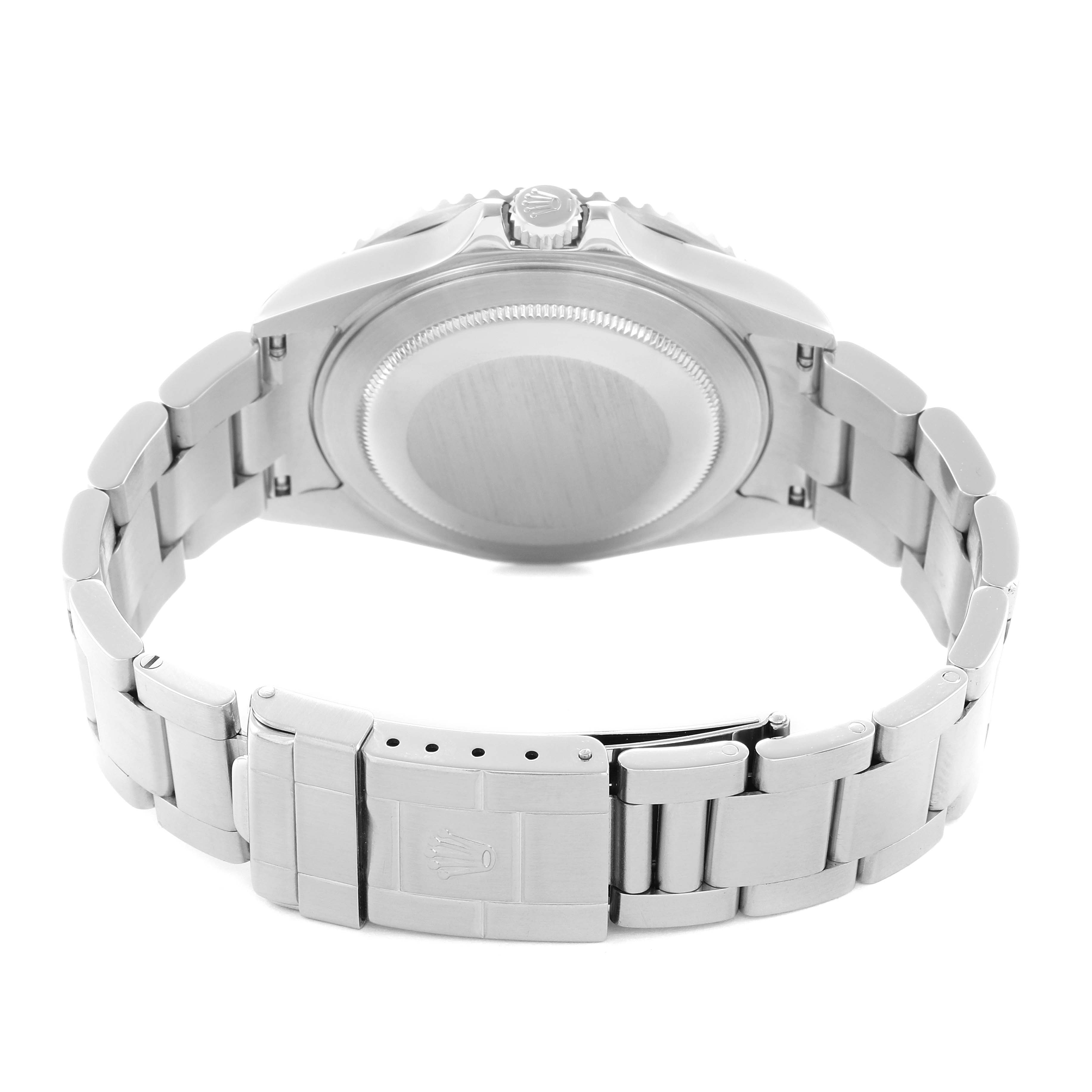 The image shows the back view of a Rolex GMT-Master 16710 Men
s Stainless Steel Black Dial, highlighting the bracelet and clasp.