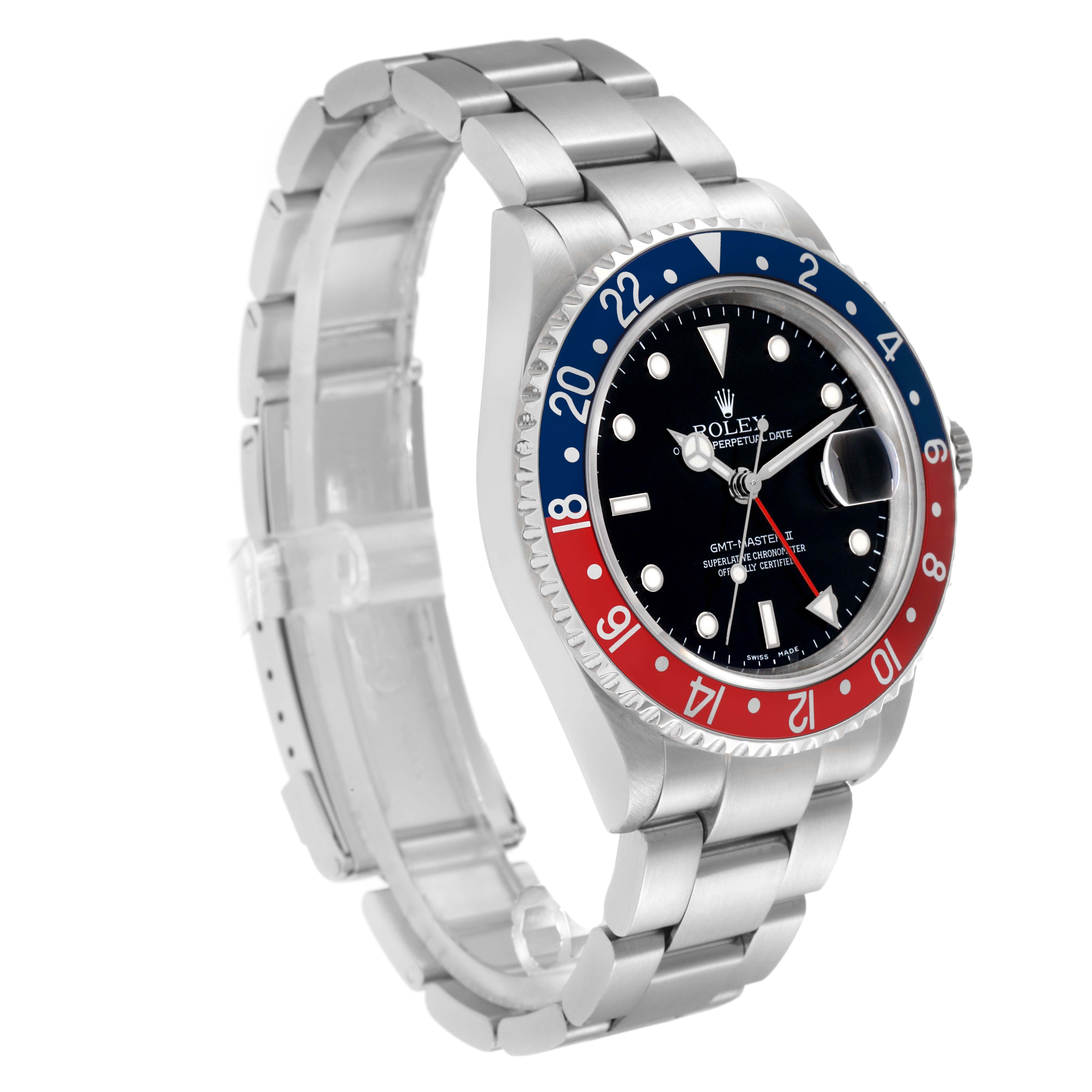 The image shows a Rolex GMT-Master 16710 Men
s Stainless Steel Black Dial watch from a front angle, highlighting the bezel, dial, bracelet, and crown.