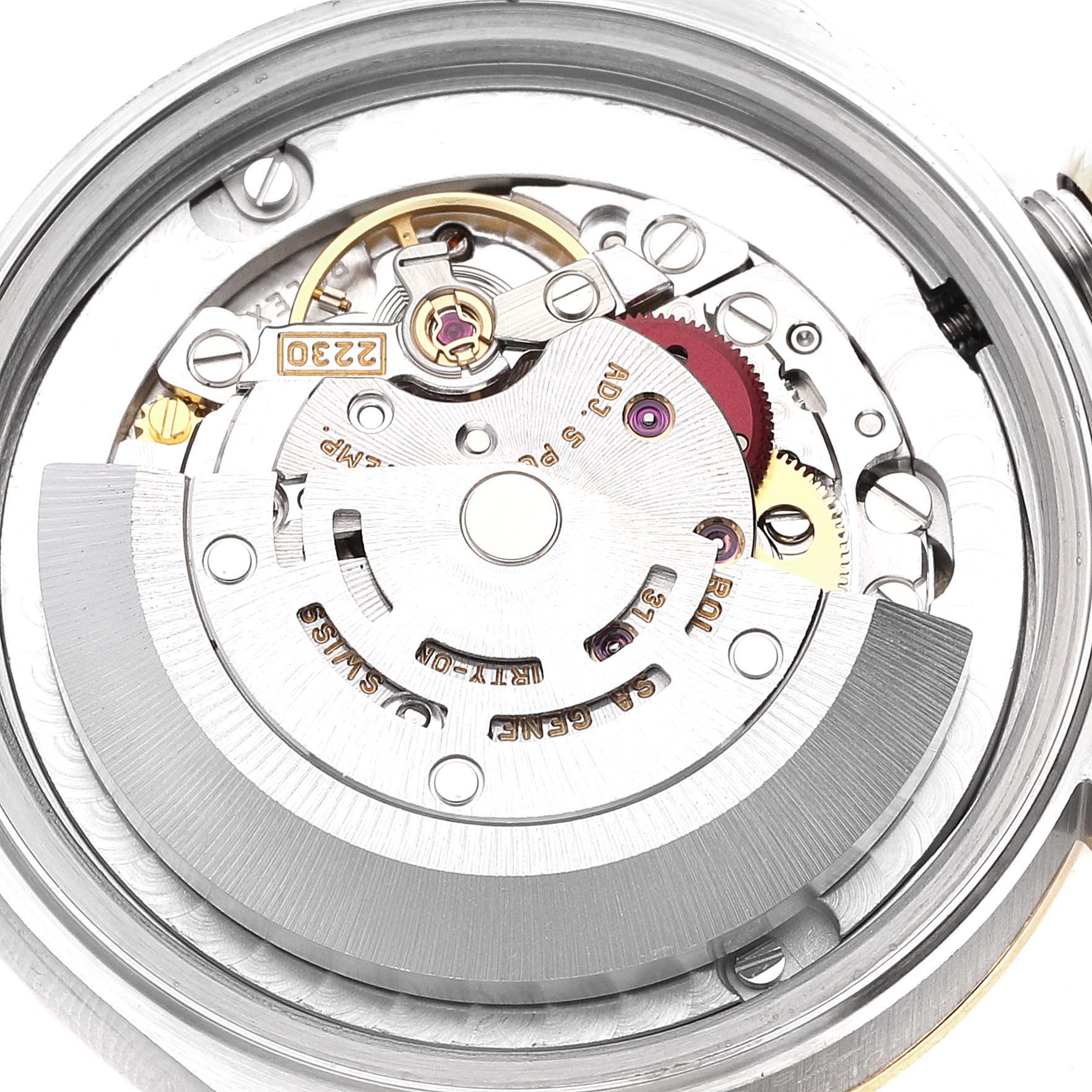 This image shows the movement mechanism of a Rolex Mid-Size 77483 Women's Steel and Gold (two tone) Grey Dial 77483 Women's Steel and Gold (two tone) Grey Dial model, focusing on the internal components.