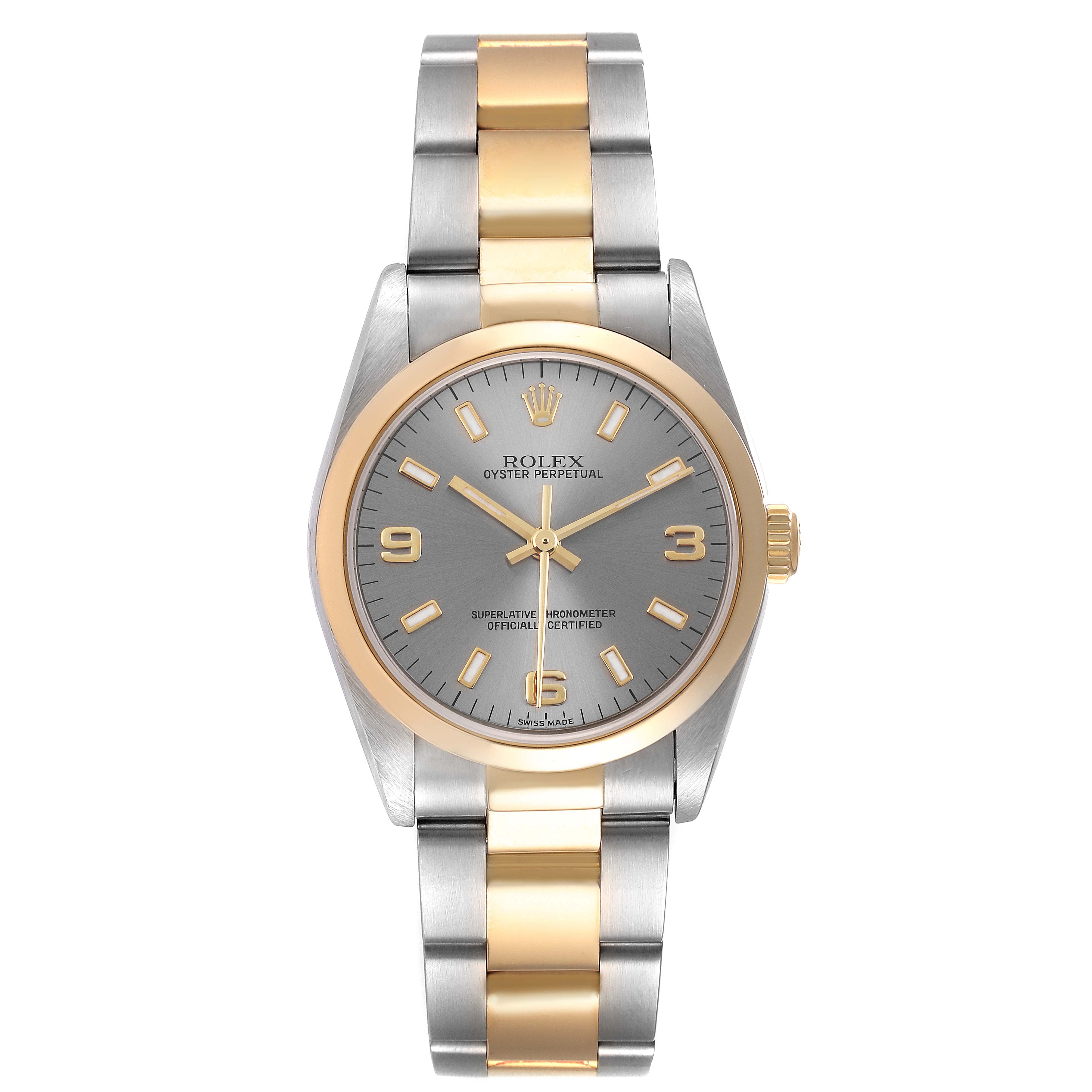 This Rolex Mid-Size 77483 Women's Steel and Gold (two tone) Grey Dial 77483 Women's Steel and Gold (two tone) Grey Dial watch is shown from a top view, featuring a two-tone bracelet and a grey dial with gold hour markers.