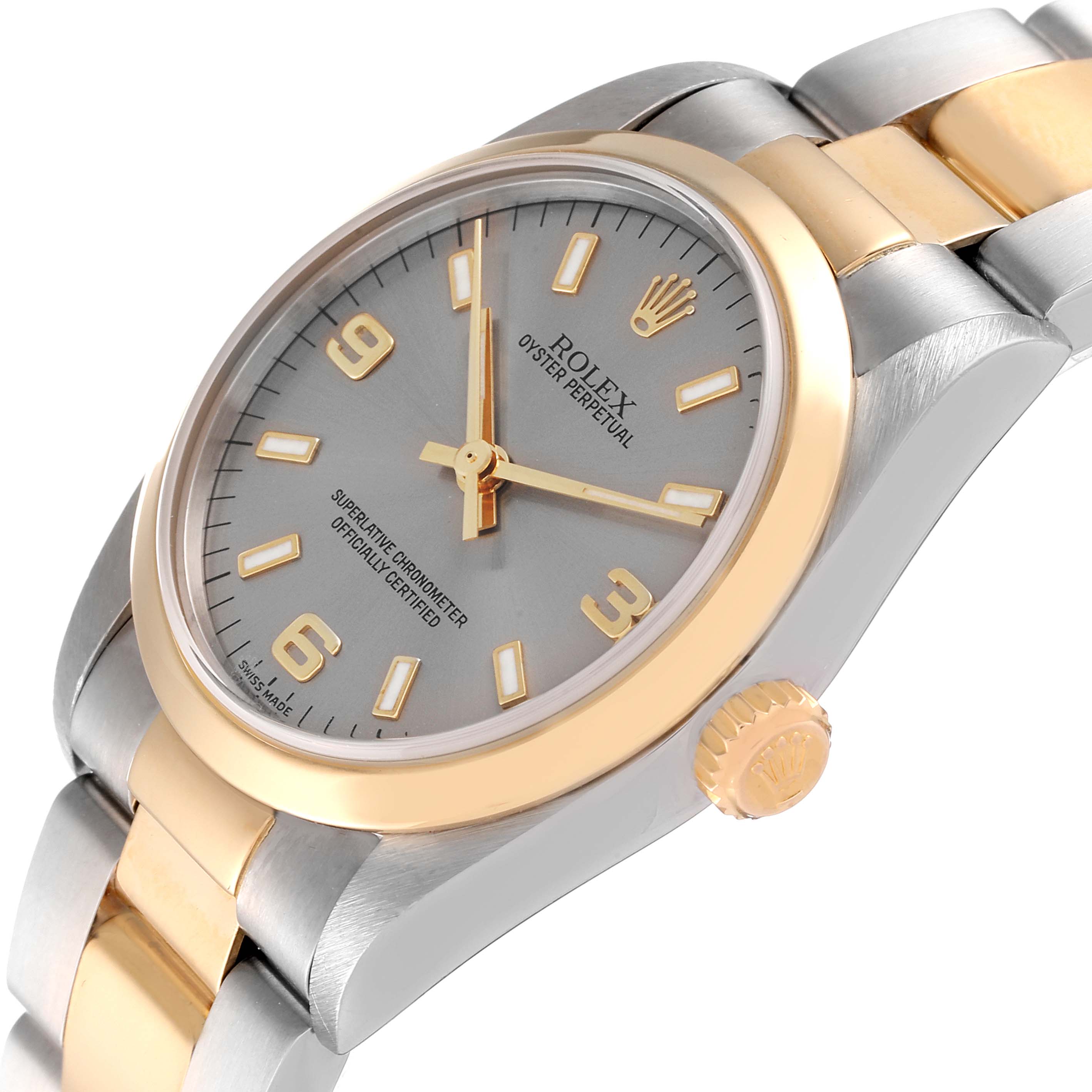 The image shows a side-angle view of a two-tone Rolex Oyster Perpetual Mid-Size watch, highlighting the dial, crown, and bracelet.