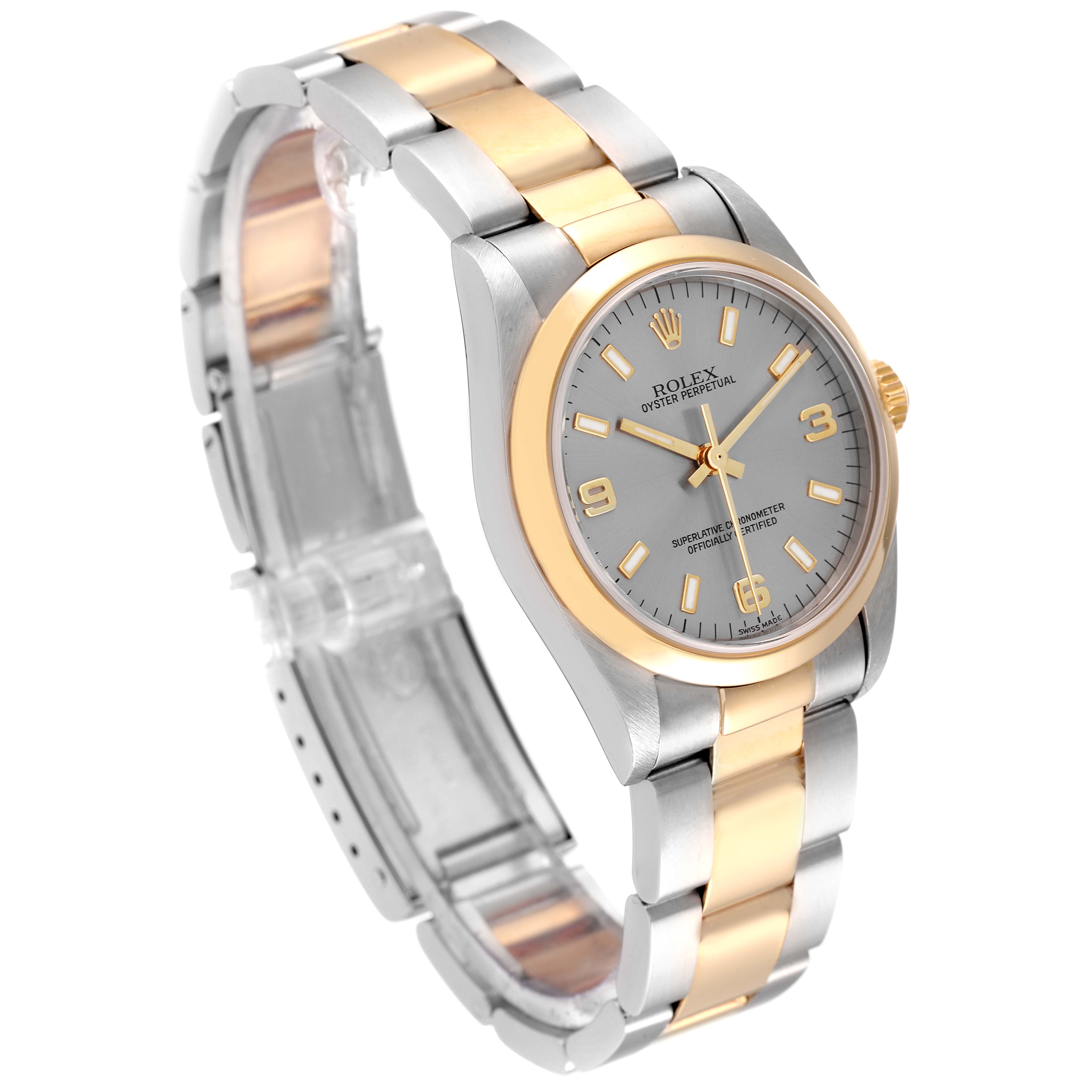 This image shows a side and top angle view of the Rolex Mid-Size 77483 Women's Steel and Gold (two tone) Grey Dial 77483 Women's Steel and Gold (two tone) Grey Dial model watch, highlighting the dial, case, and bracelet.