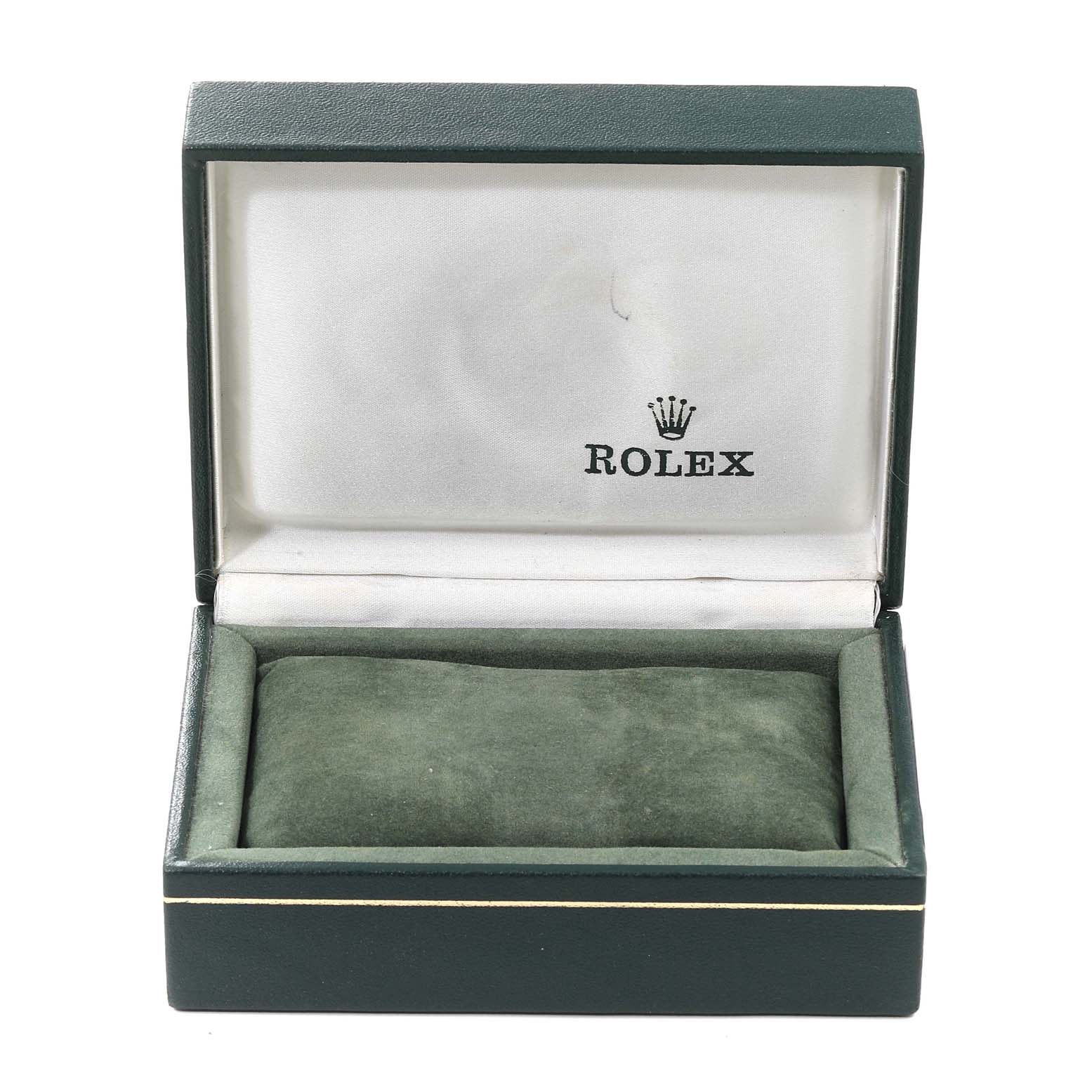 The image shows an open green Rolex watch box for a Mid-Size model, with the Rolex logo inside the lid.
