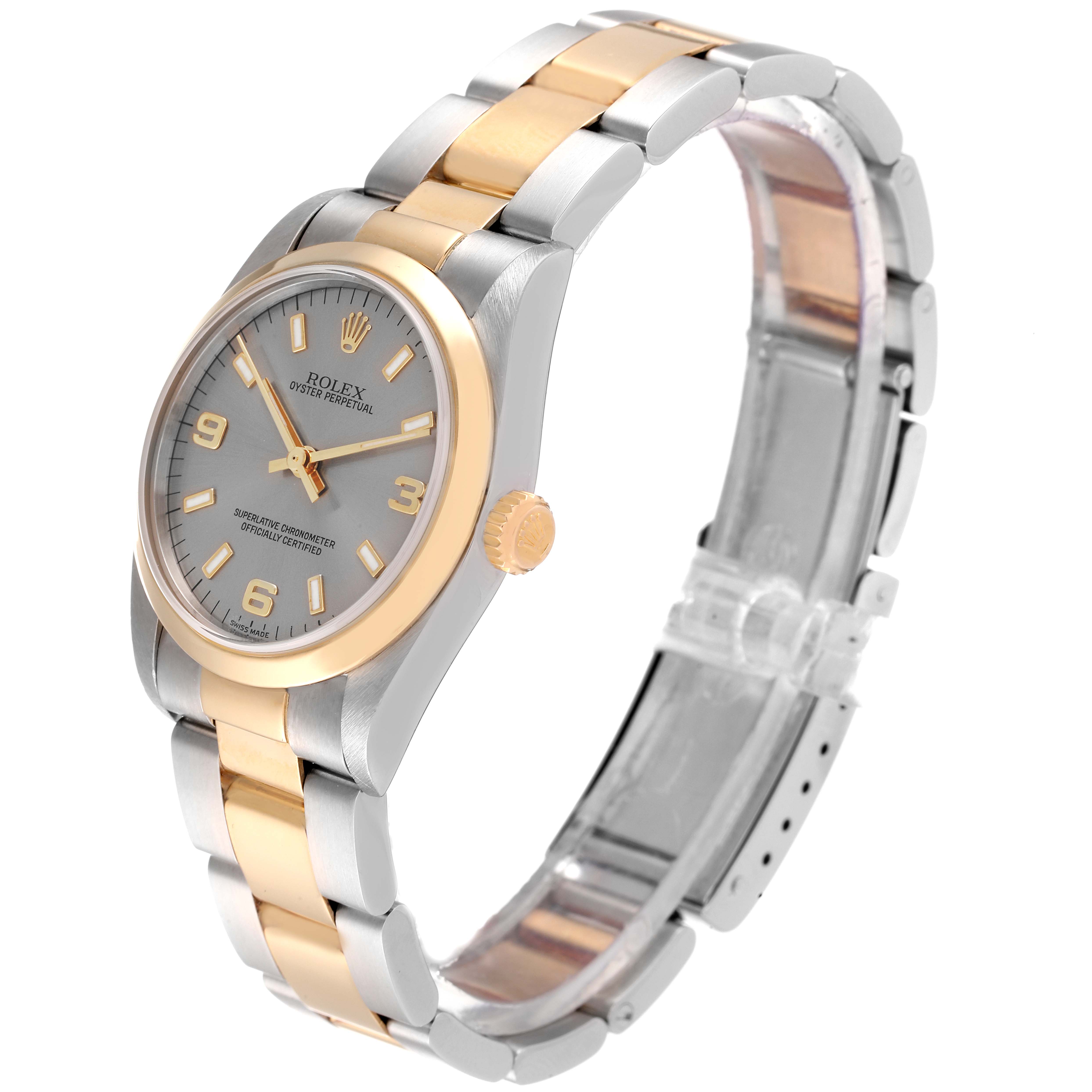 This image shows a side view of a Rolex Mid-Size 77483 Women's Steel and Gold (two tone) Grey Dial 77483 Women's Steel and Gold (two tone) Grey Dial watch, highlighting its two-tone bracelet, bezel, and crown.