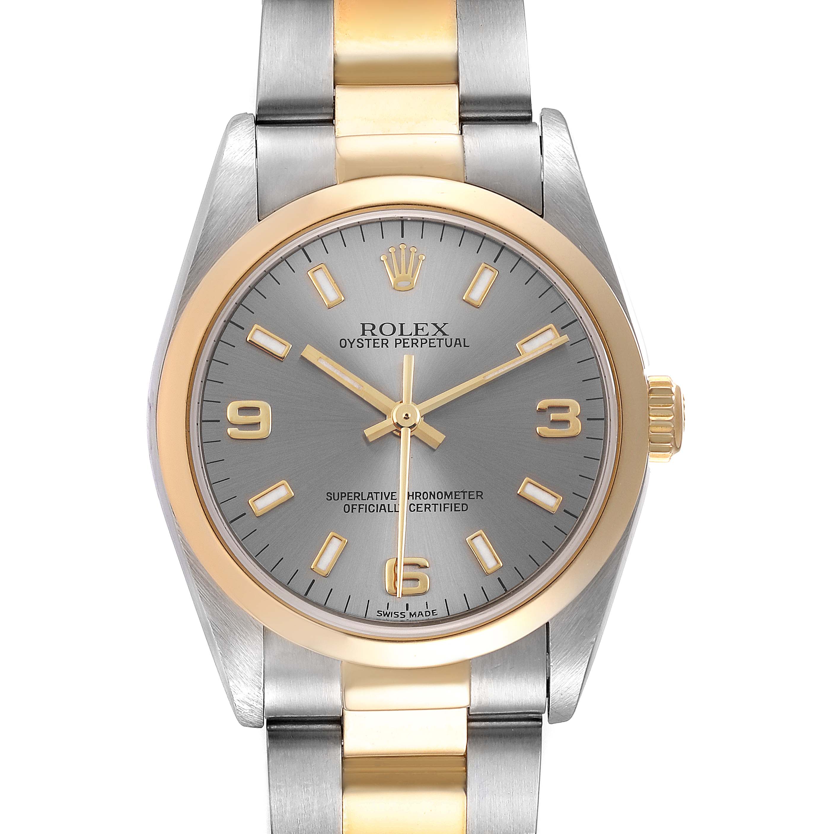 This image shows a Rolex Oyster Perpetual Mid-Size watch, featuring its dial, bezel, and part of the bracelet.
