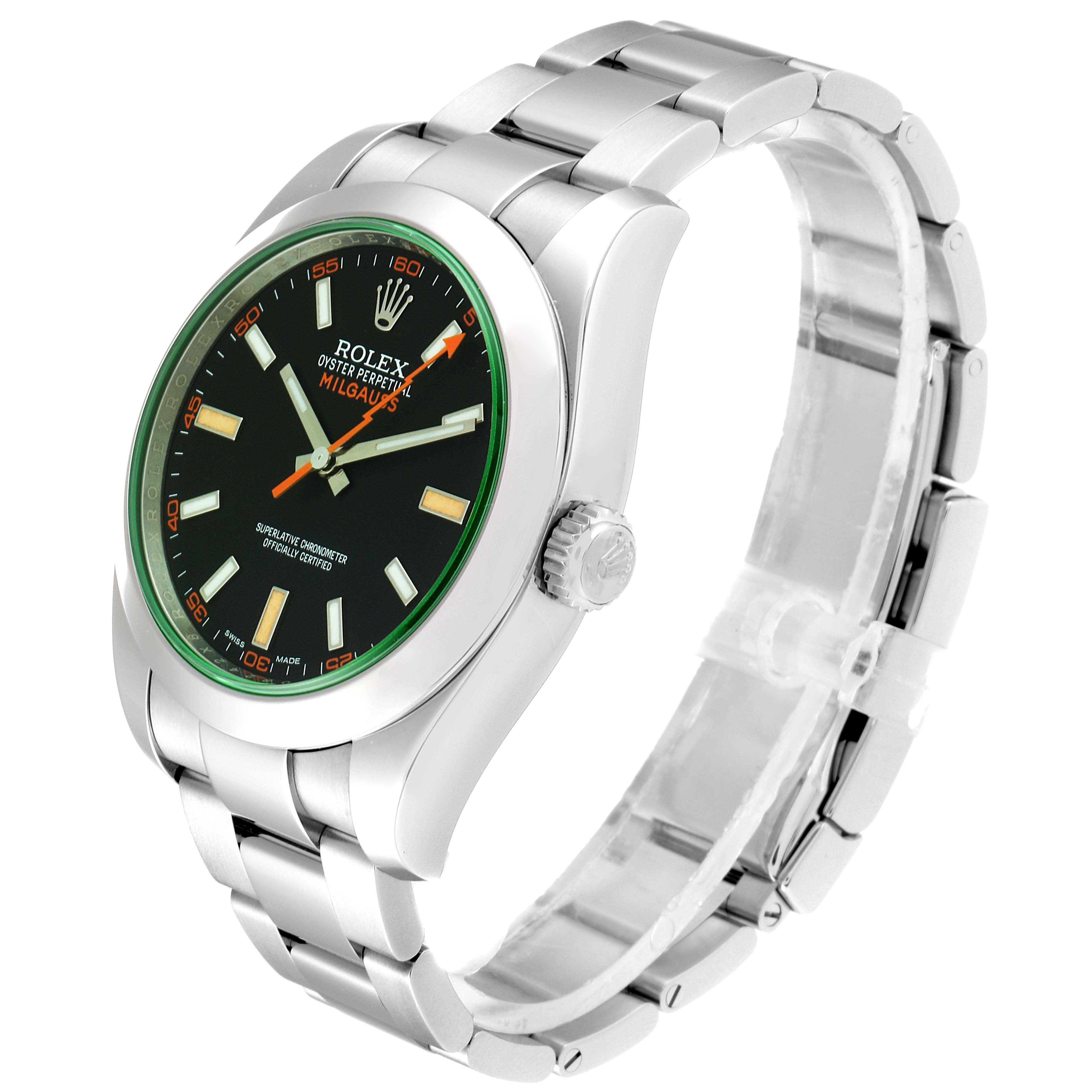The Milgauss model by Rolex is shown at an angle highlighting the watch face, bezel, crown, and bracelet.