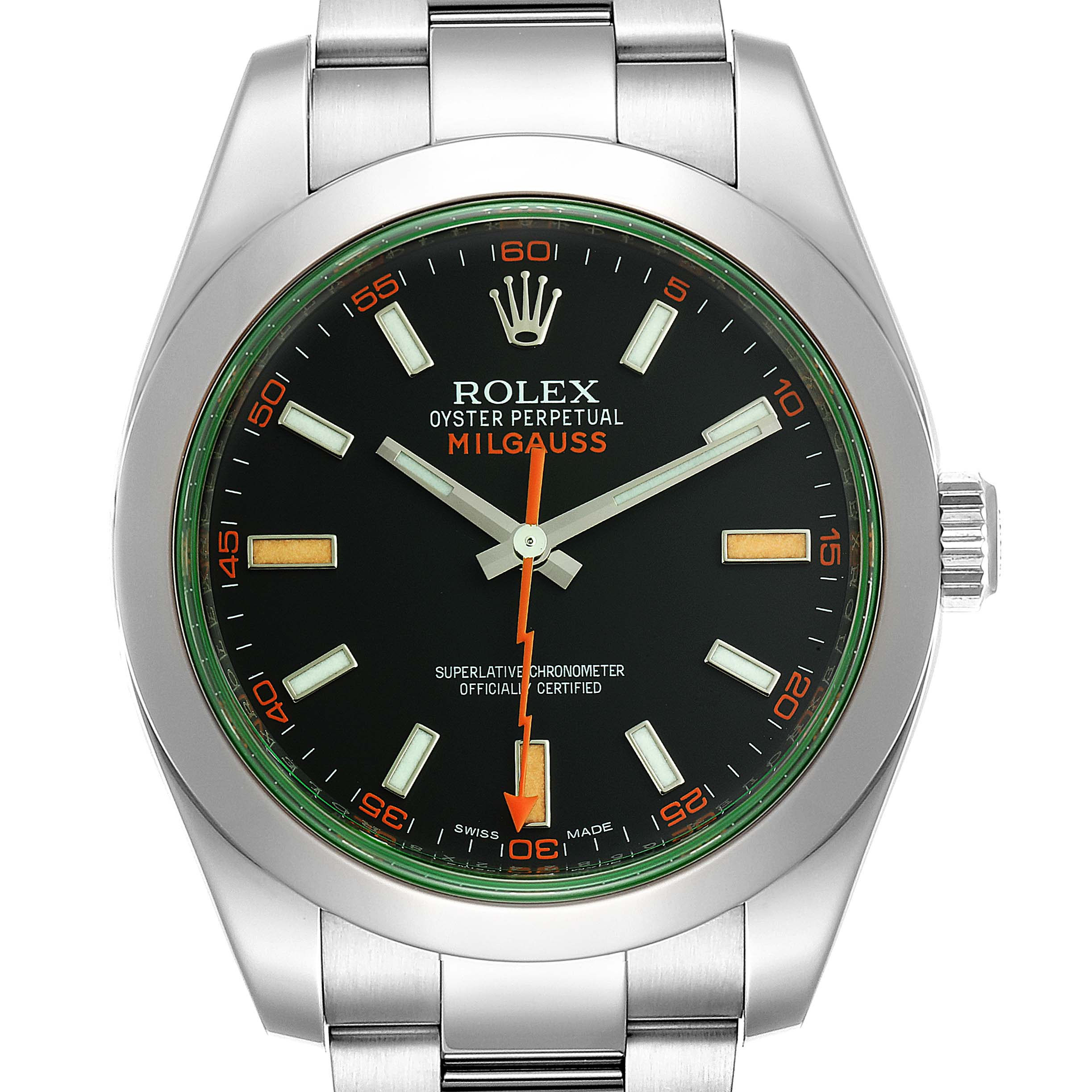 The image shows a front view of a Rolex Milgauss 116400GV Men's Stainless Steel Black Dial 116400GV Men's Stainless Steel Black Dial watch, highlighting its black dial, orange accents, and green-tinted crystal.