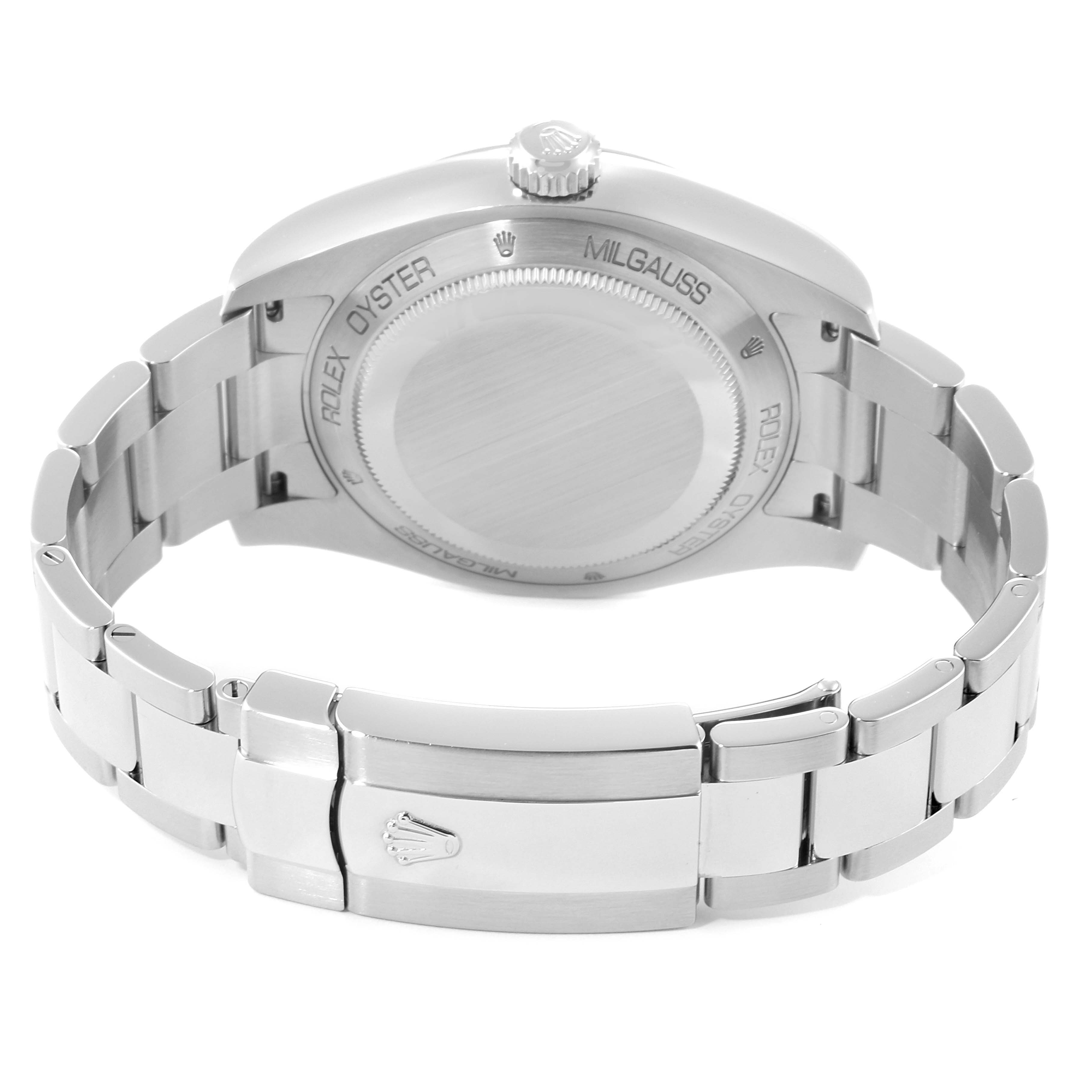 This image shows the back view of the Rolex Milgauss 116400GV Men's Stainless Steel Black Dial 116400GV Men's Stainless Steel Black Dial watch, highlighting the case back, crown, and stainless steel bracelet with clasp.