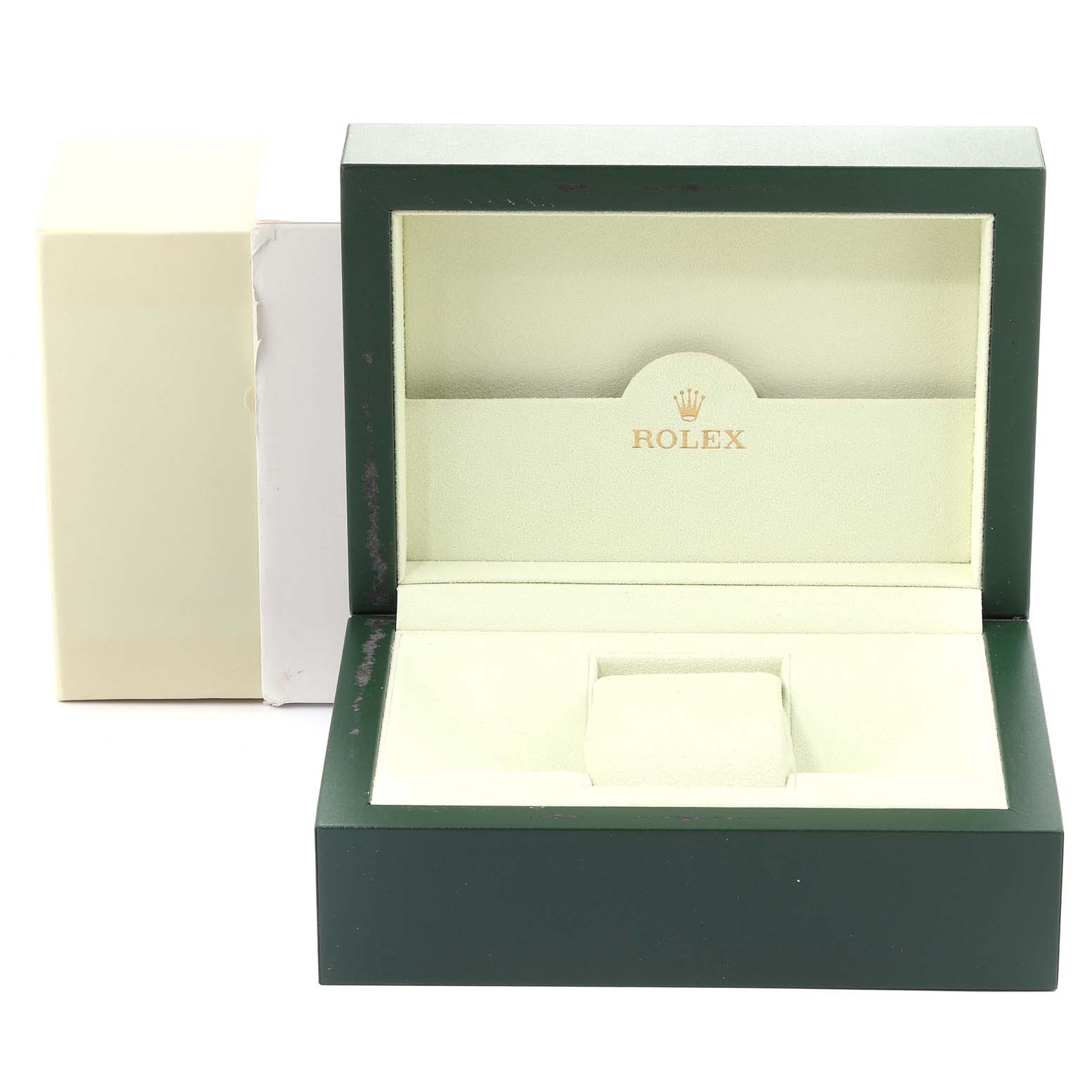 This image shows an empty Rolex Milgauss 116400GV Men's Stainless Steel Black Dial 116400GV Men's Stainless Steel Black Dial watch box, viewed from the front with the lid open.