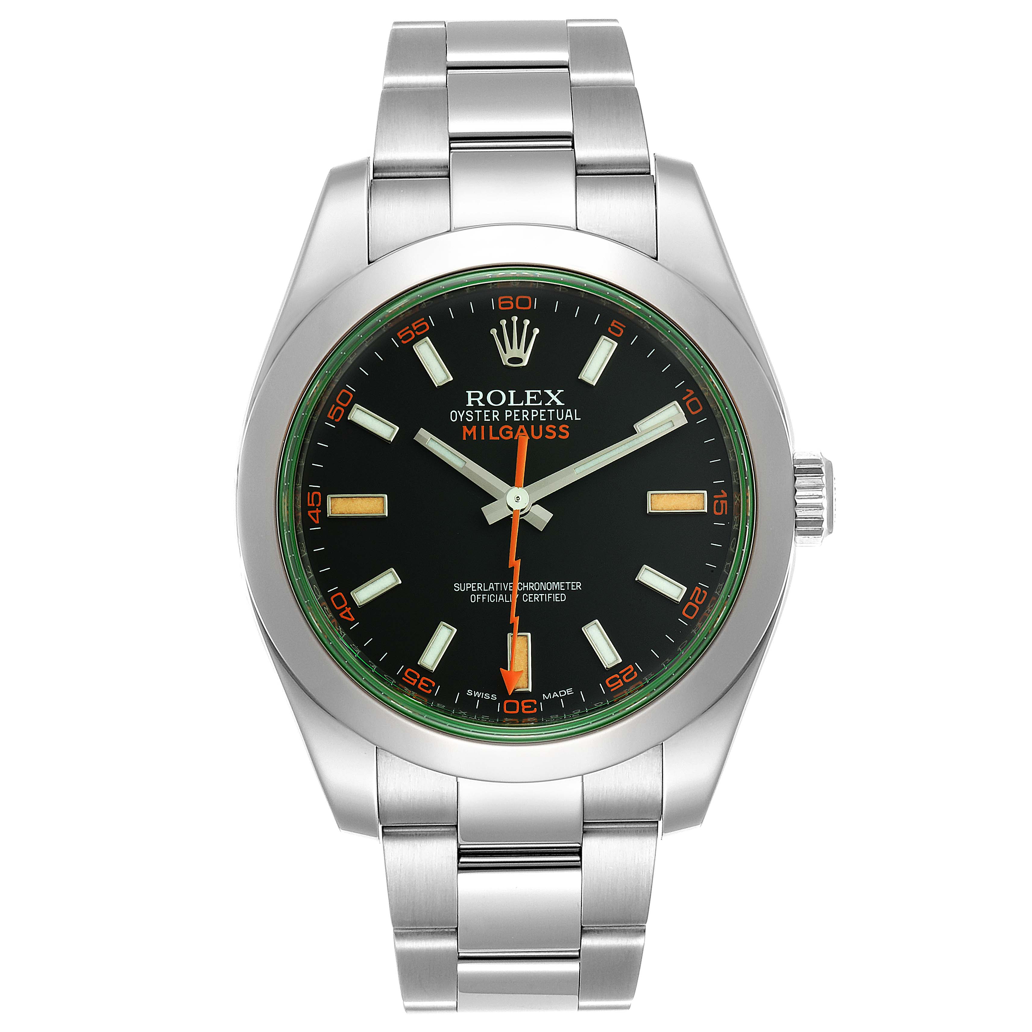 This image shows a front view of the Rolex Milgauss 116400GV Men's Stainless Steel Black Dial 116400GV Men's Stainless Steel Black Dial watch, displaying the face, dial, and part of the bracelet.