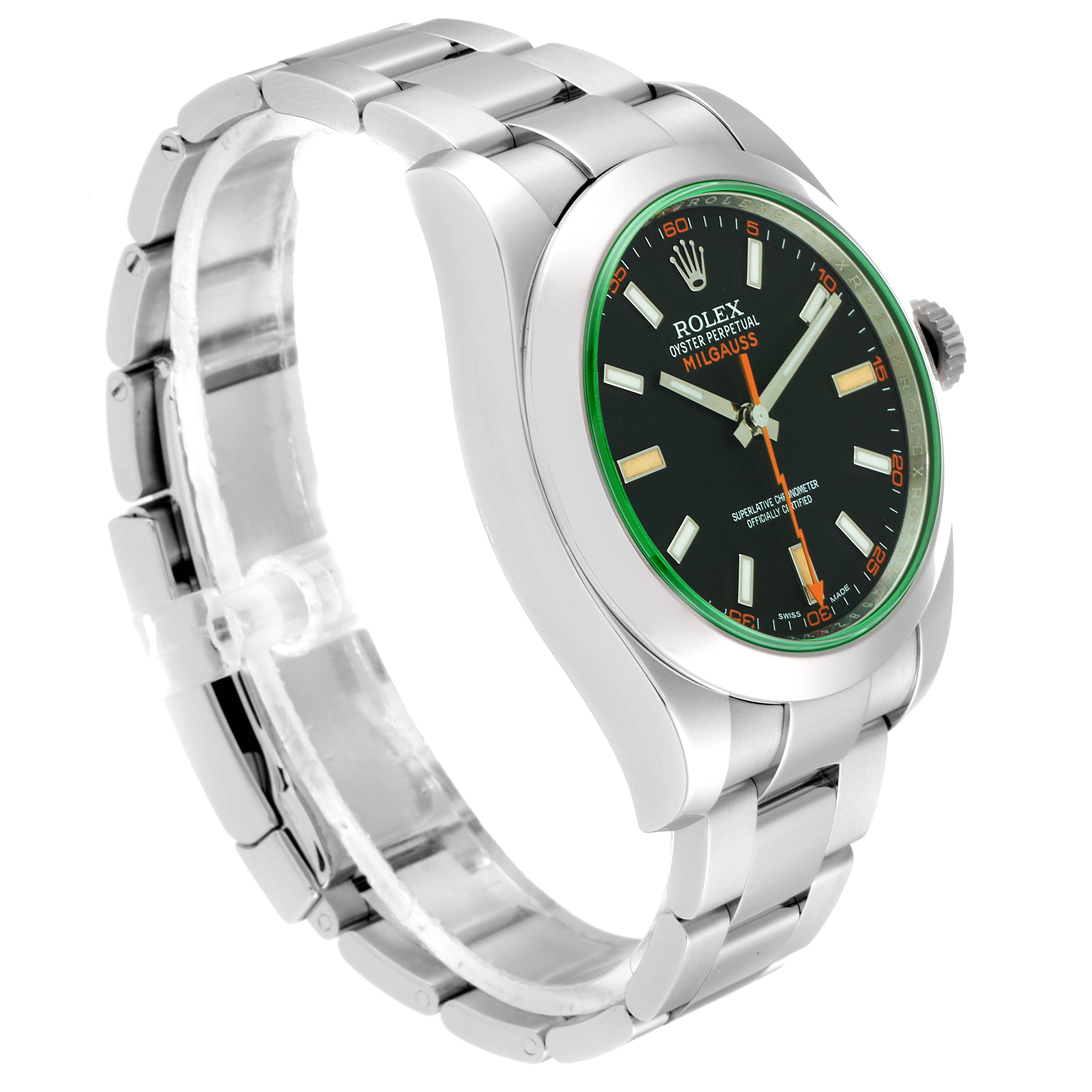 The image shows a side angle view of a Rolex Milgauss 116400GV Men's Stainless Steel Black Dial 116400GV Men's Stainless Steel Black Dial watch, highlighting the bracelet, case, and dial.