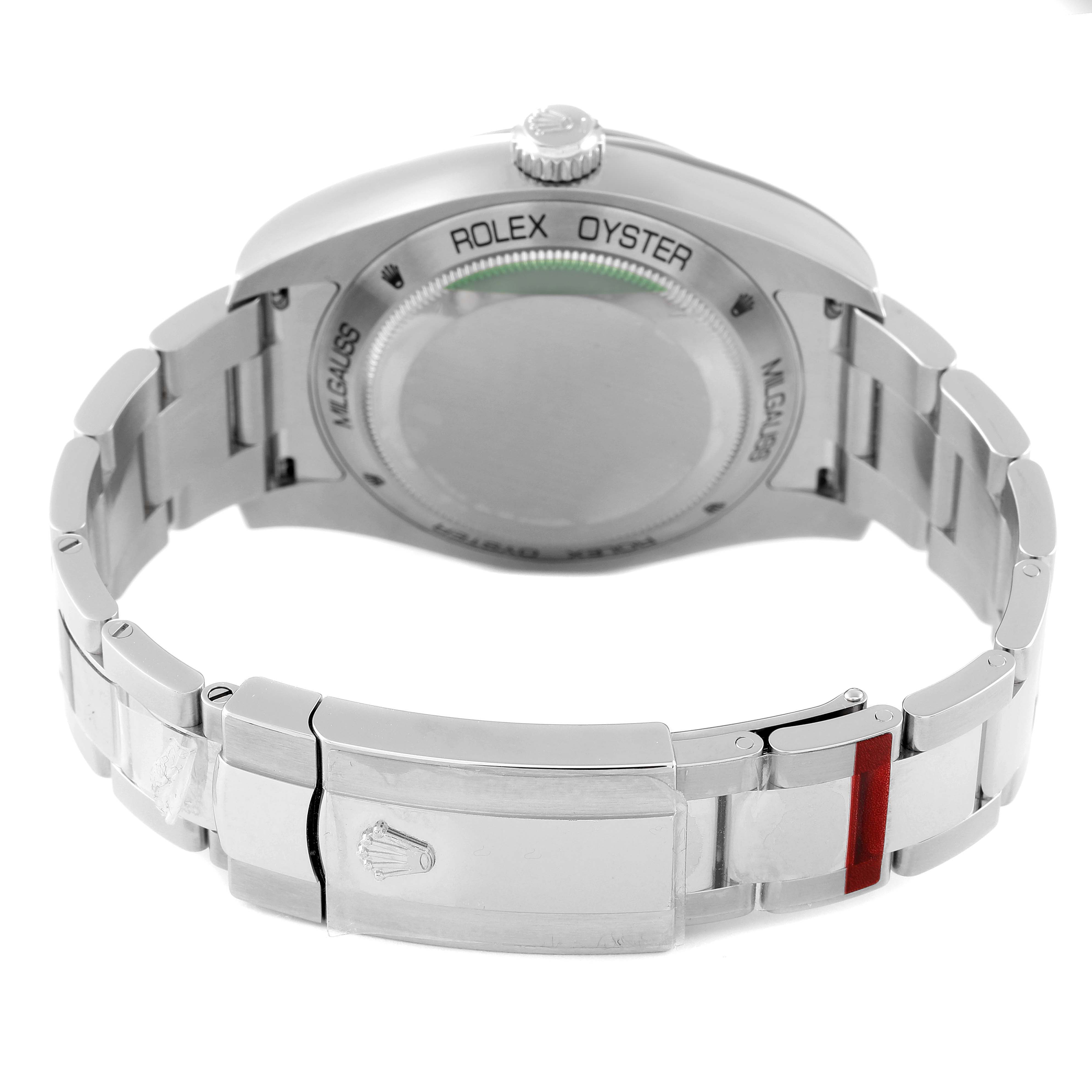 The image shows the backside and bracelet of a Rolex Milgauss 116400GV Men
s Stainless Steel Blue Dial 116400GV Men
s Stainless Steel Blue Dial watch, highlighting the case back and clasp.