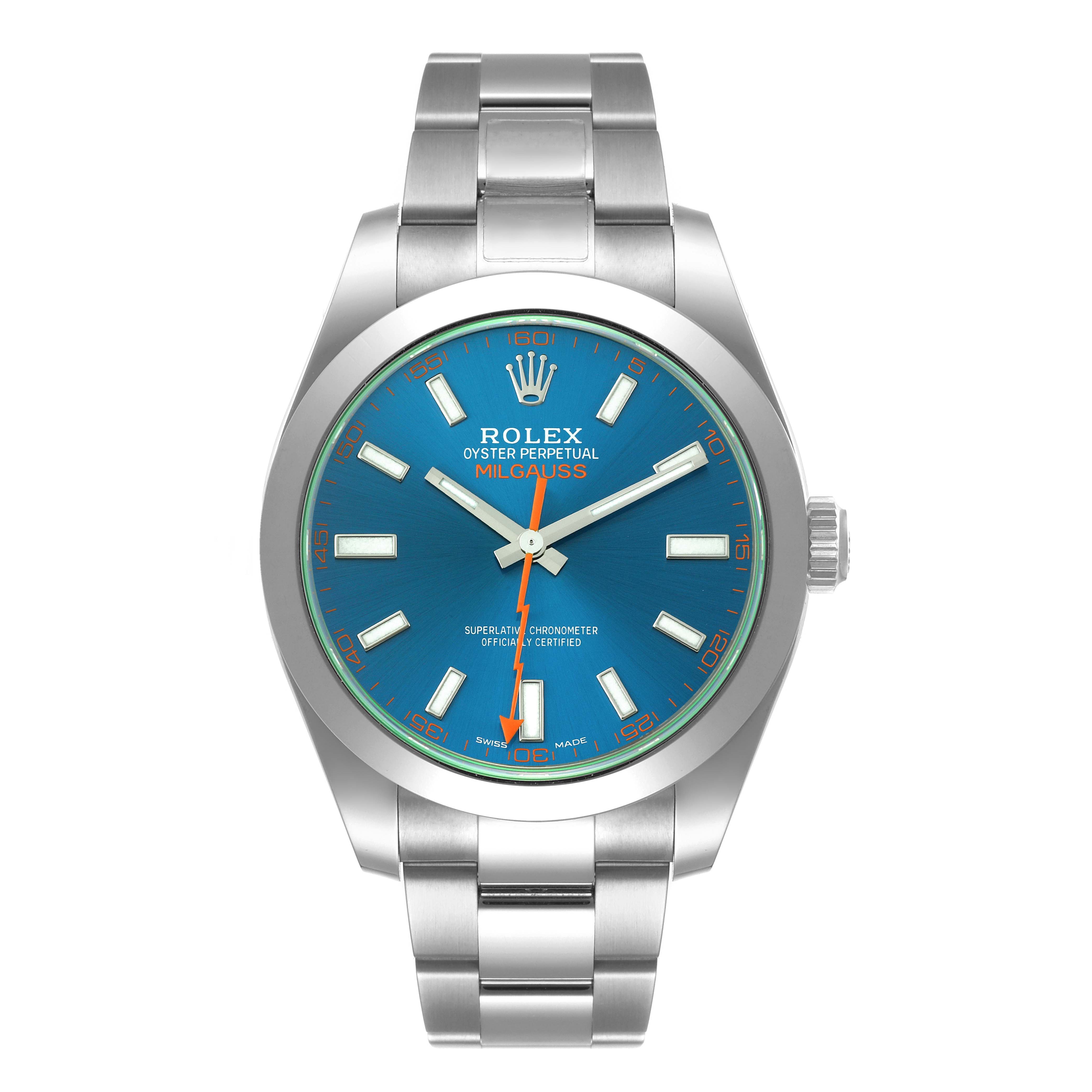 The image shows a front view of a Rolex Milgauss 116400GV Men
s Stainless Steel Blue Dial 116400GV Men
s Stainless Steel Blue Dial watch, displaying the dial, hands, case, and bracelet.