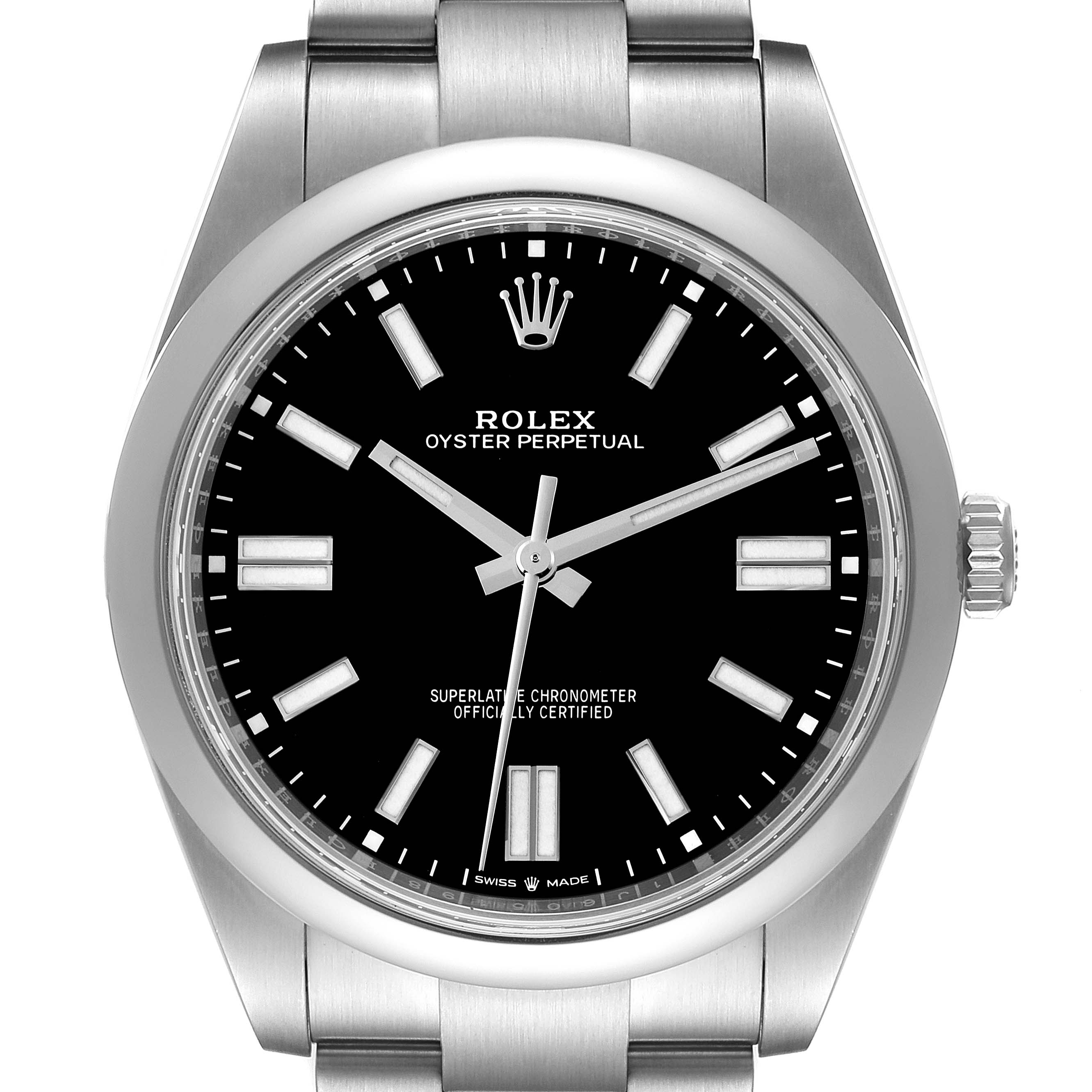 This image shows a front view of a Rolex Oyster Perpetual 124300 Men's Stainless Steel Black Dial 124300 Men's Stainless Steel Black Dial watch, highlighting the dial, hands, bezel, and a portion of the bracelet.