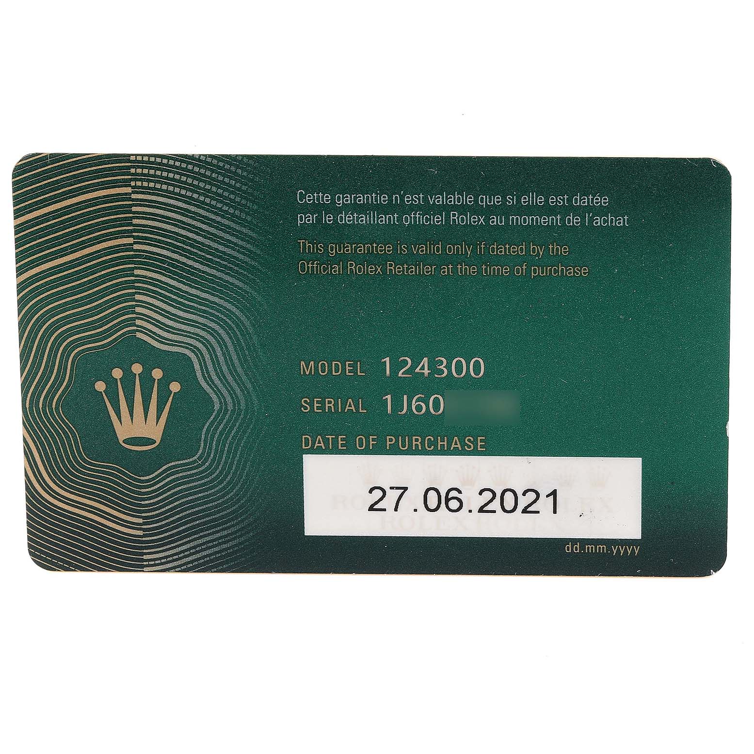 The image shows a warranty card for a Rolex Oyster Perpetual 124300 Men's Stainless Steel Black Dial 124300 Men's Stainless Steel Black Dial model 124300, dated 27.06.2021.