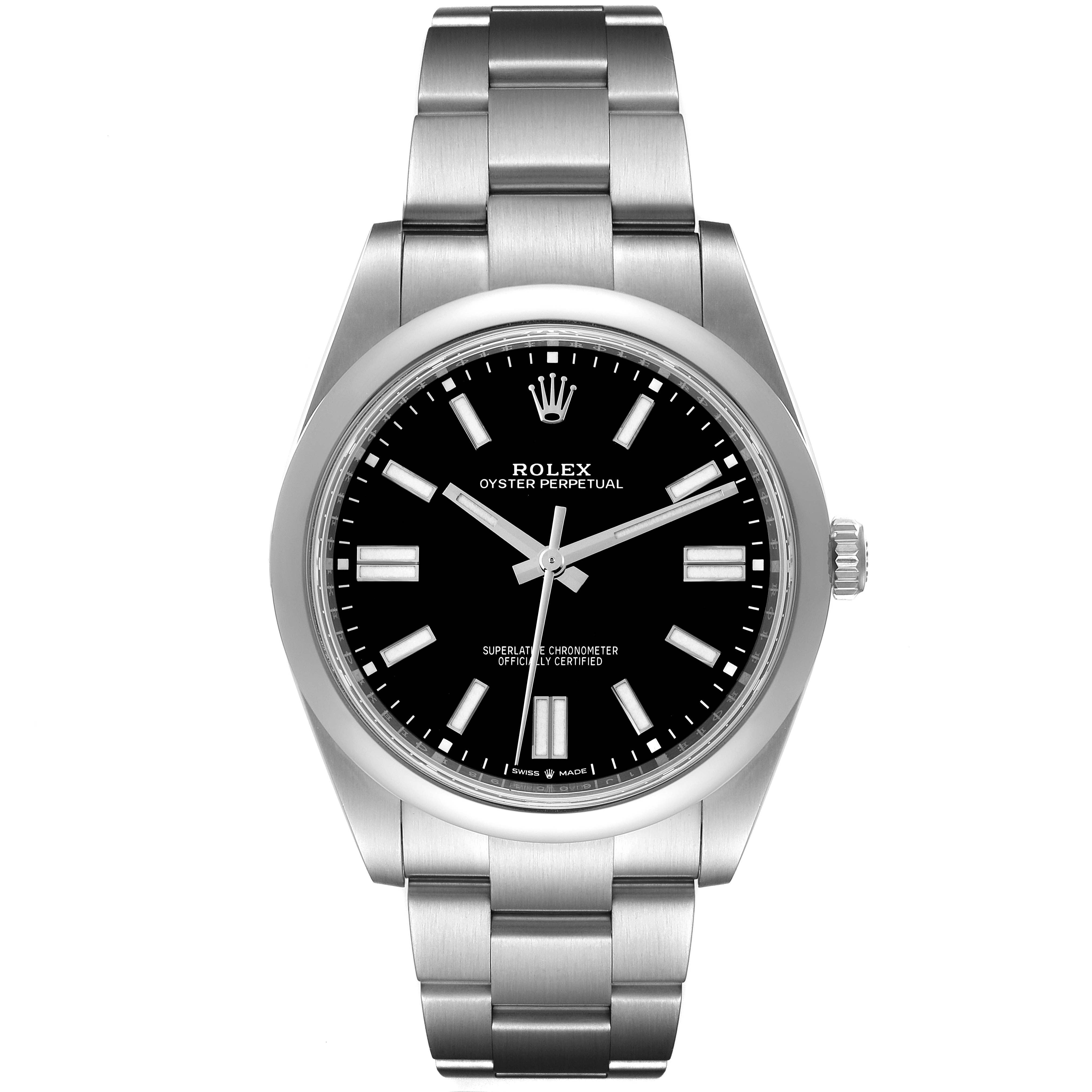 This image shows a frontal view of a Rolex Oyster Perpetual 124300 Men's Stainless Steel Black Dial 124300 Men's Stainless Steel Black Dial watch, highlighting the dial, case, and bracelet.