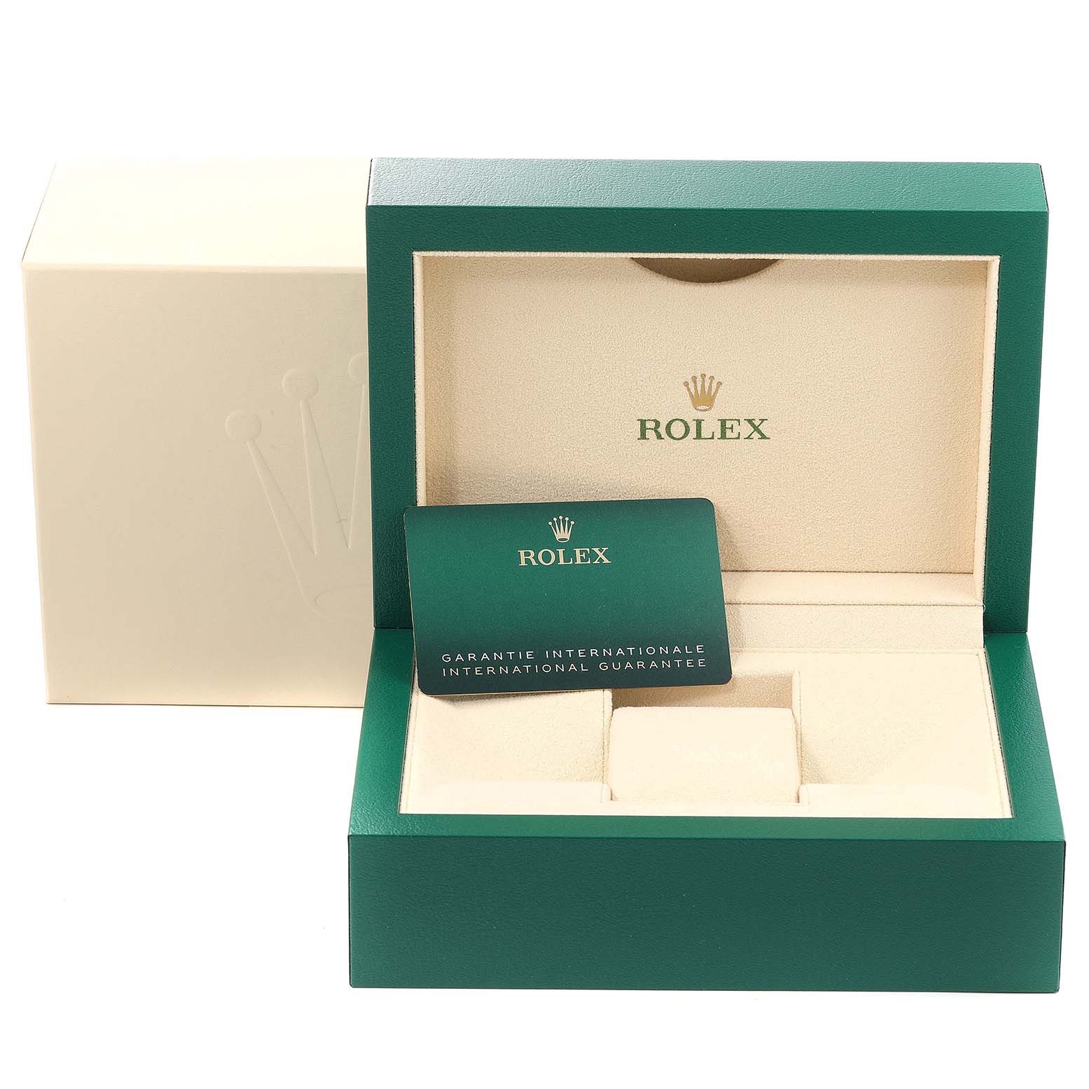 The image shows an open Rolex Oyster Perpetual 124300 Men's Stainless Steel Black Dial 124300 Men's Stainless Steel Black Dial watch box with the international guarantee card inside.