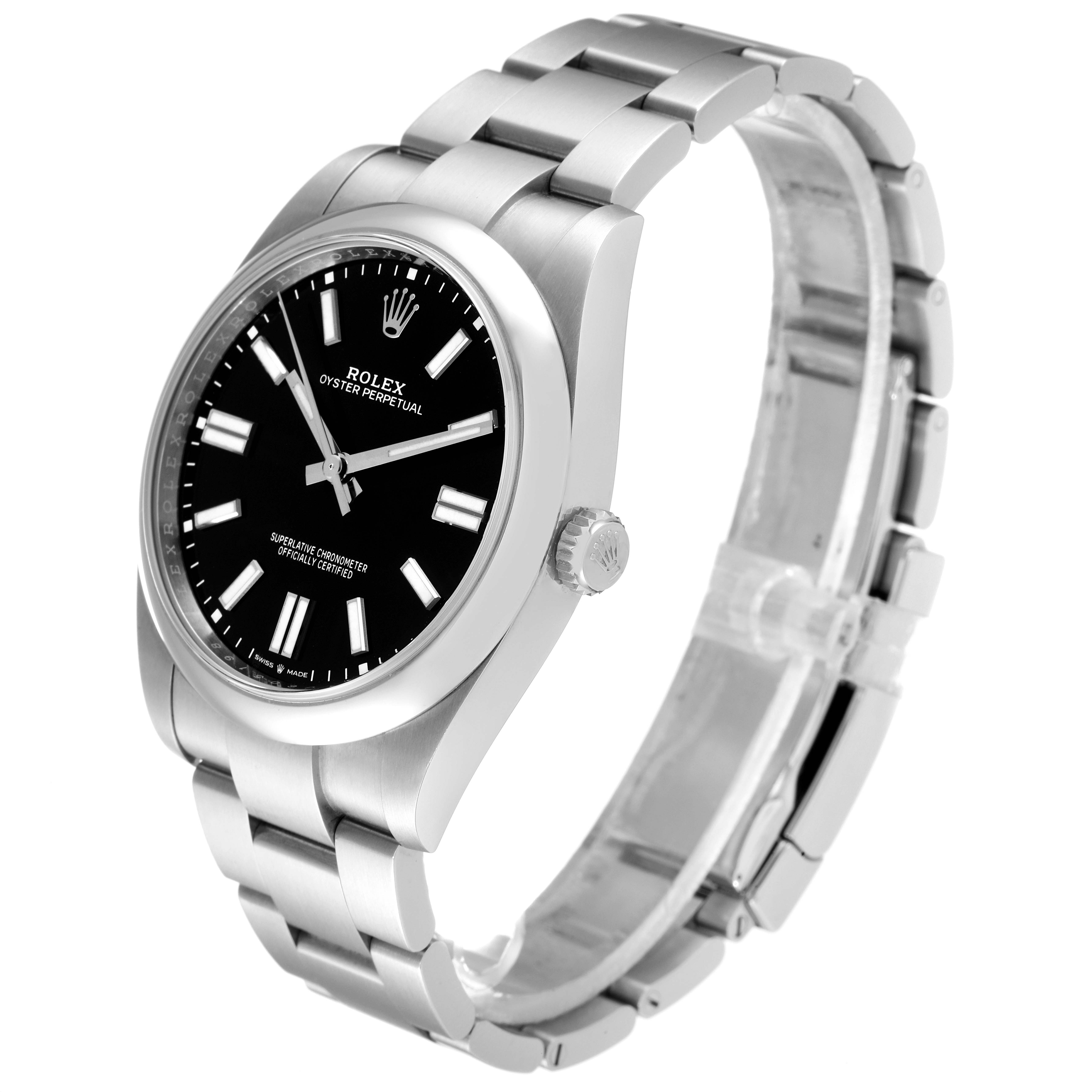 The image shows a Rolex Oyster Perpetual 124300 Men's Stainless Steel Black Dial 124300 Men's Stainless Steel Black Dial watch from a side angle, highlighting the bracelet, crown, and black dial.