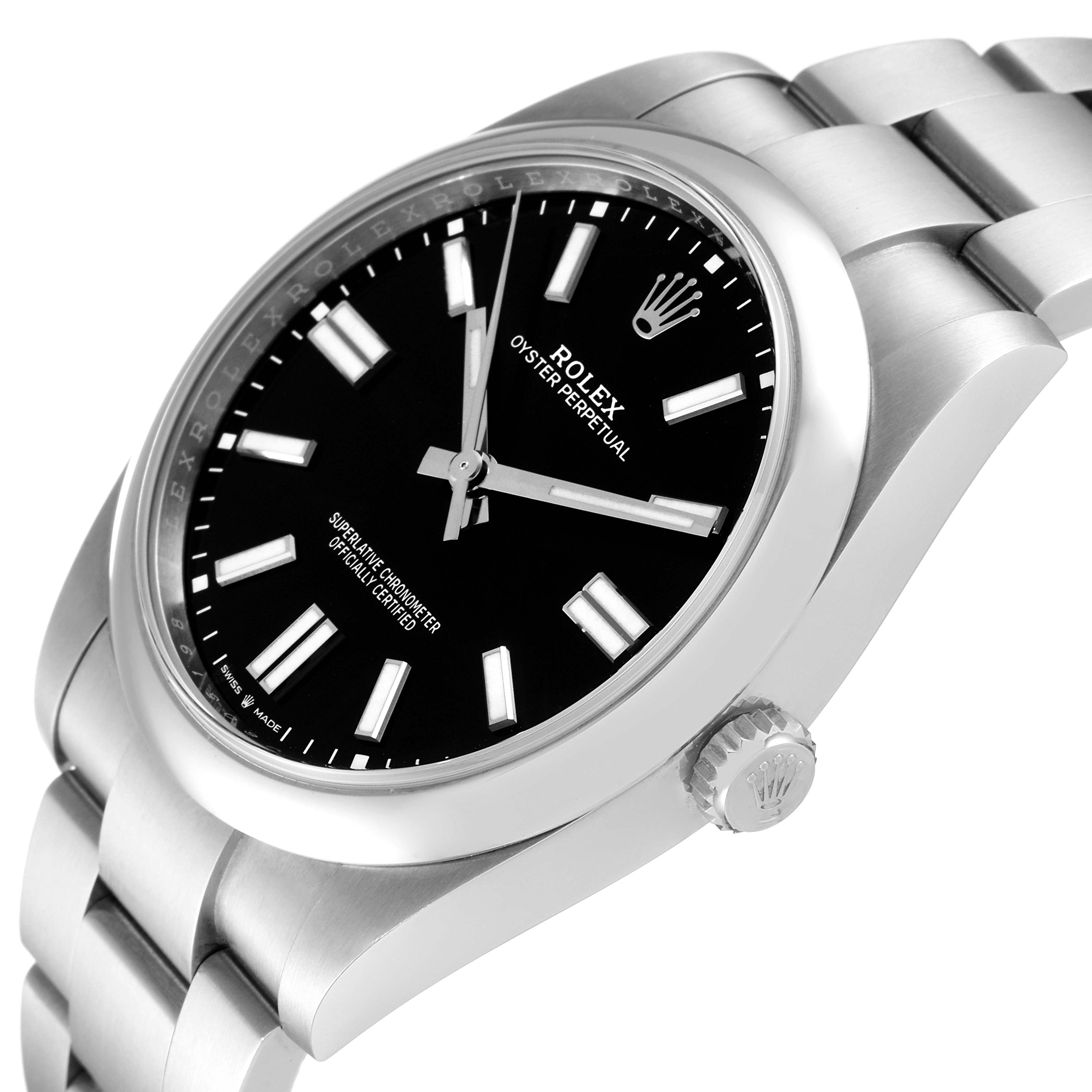 The image shows a side view of the Rolex Oyster Perpetual 124300 Men's Stainless Steel Black Dial 124300 Men's Stainless Steel Black Dial watch, highlighting the face, bracelet, and crown.