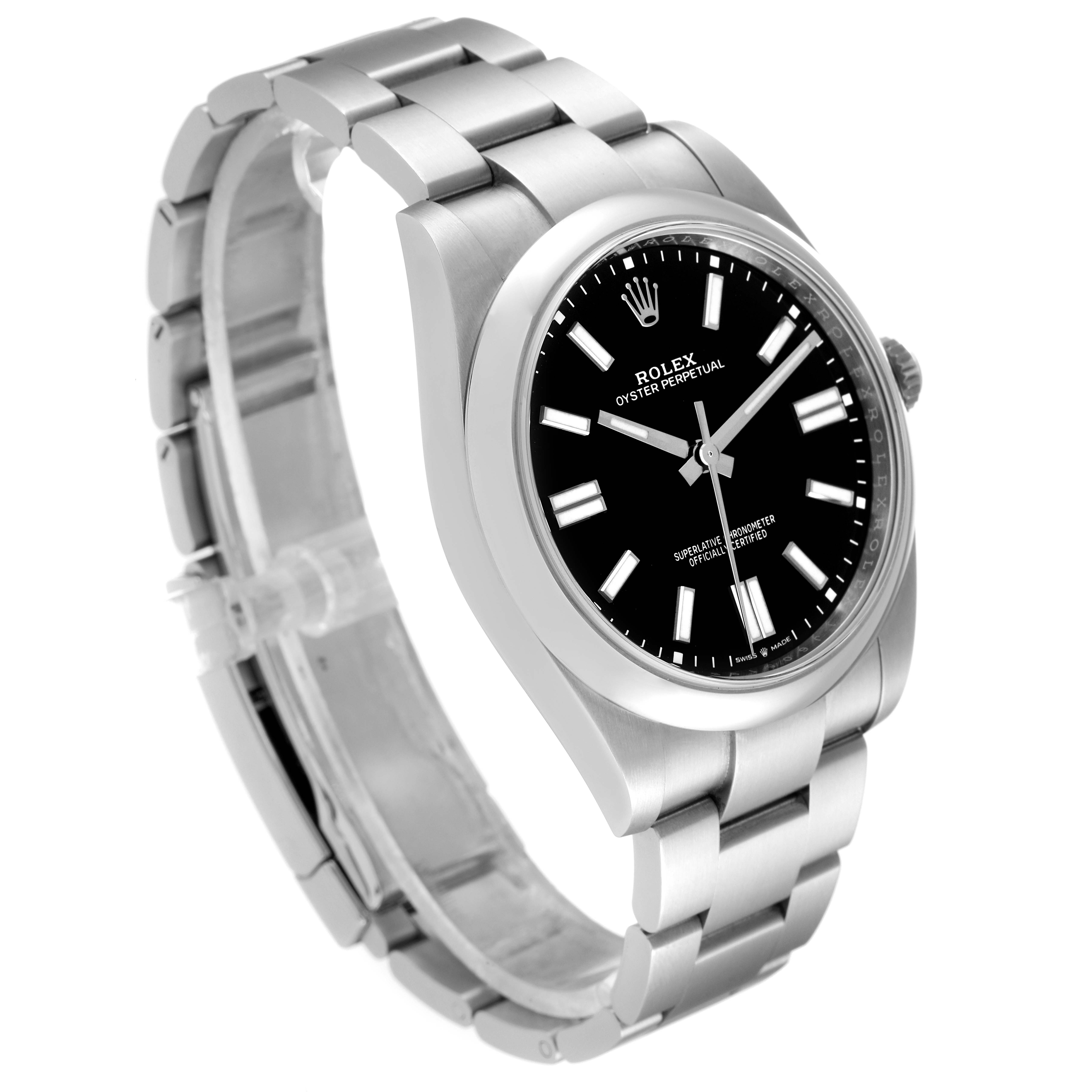 The Rolex Oyster Perpetual 124300 Men's Stainless Steel Black Dial 124300 Men's Stainless Steel Black Dial watch is shown at a slight angle, highlighting the face, bezel, and bracelet.