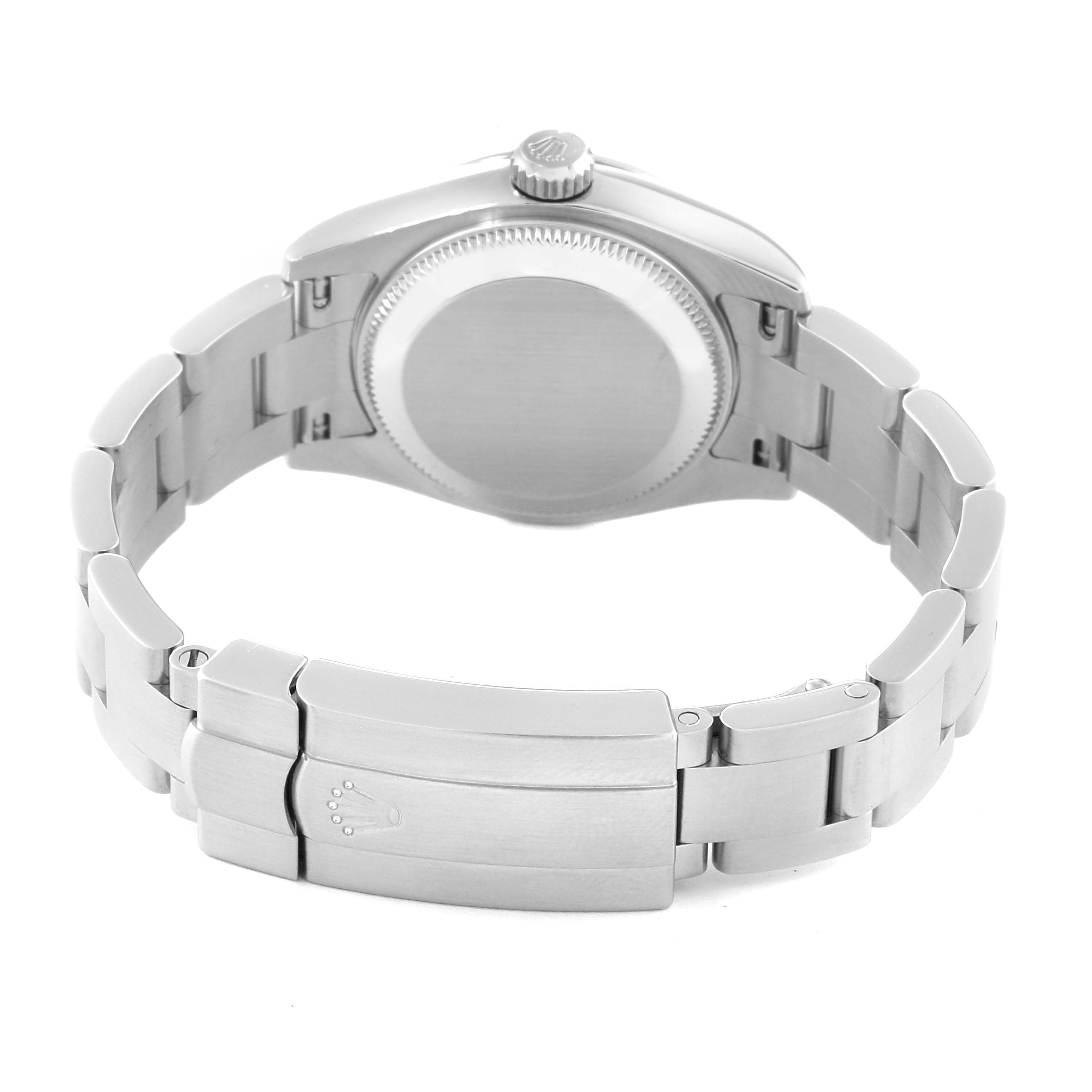 The image shows the back case and bracelet clasp of a Rolex Oyster Perpetual 176200 Women's Stainless Steel Black Dial 176200 Women's Stainless Steel Black Dial watch from a rear angle.