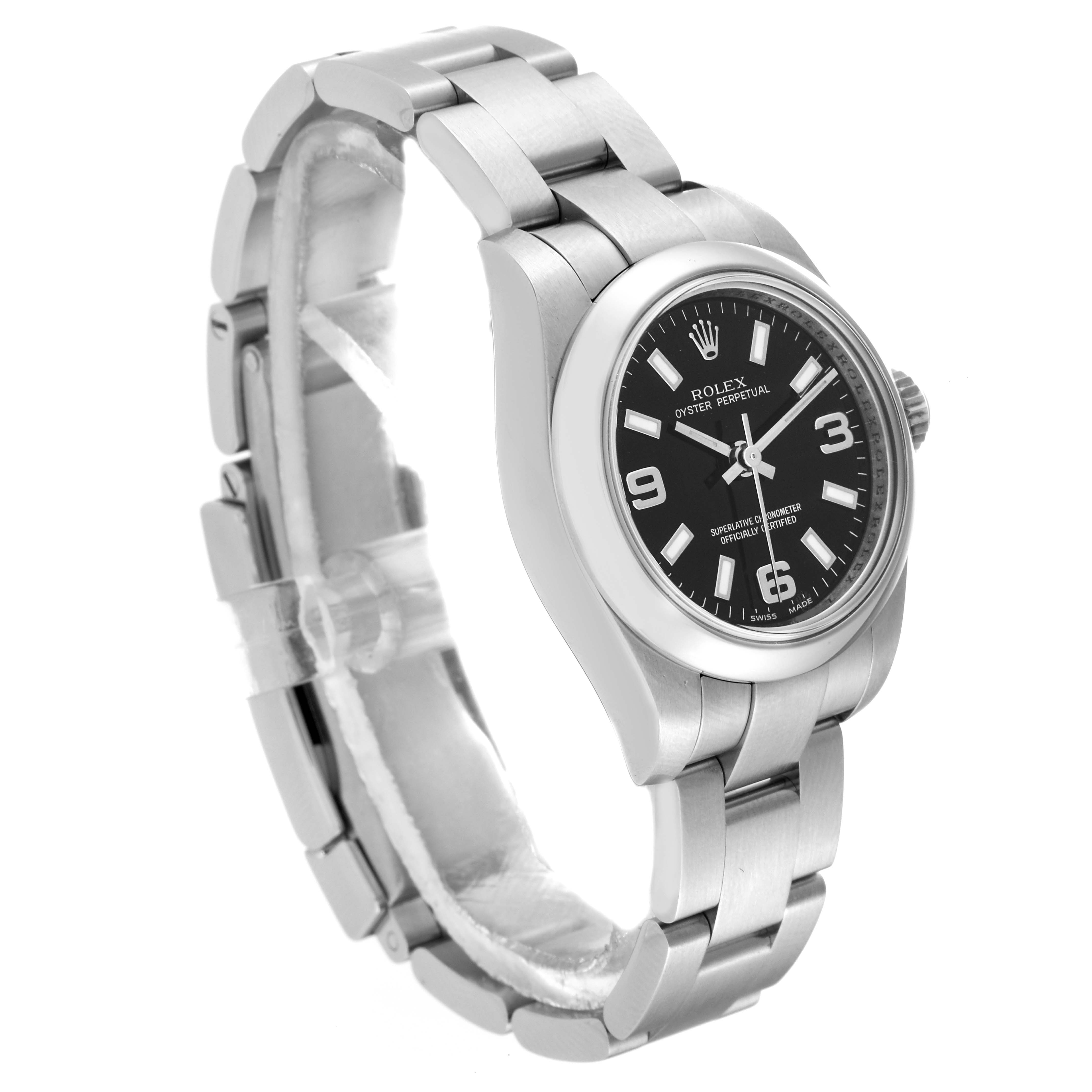 This Rolex Oyster Perpetual 176200 Women's Stainless Steel Black Dial 176200 Women's Stainless Steel Black Dial watch is shown at a three-quarter angle, highlighting its stainless steel band and black dial.