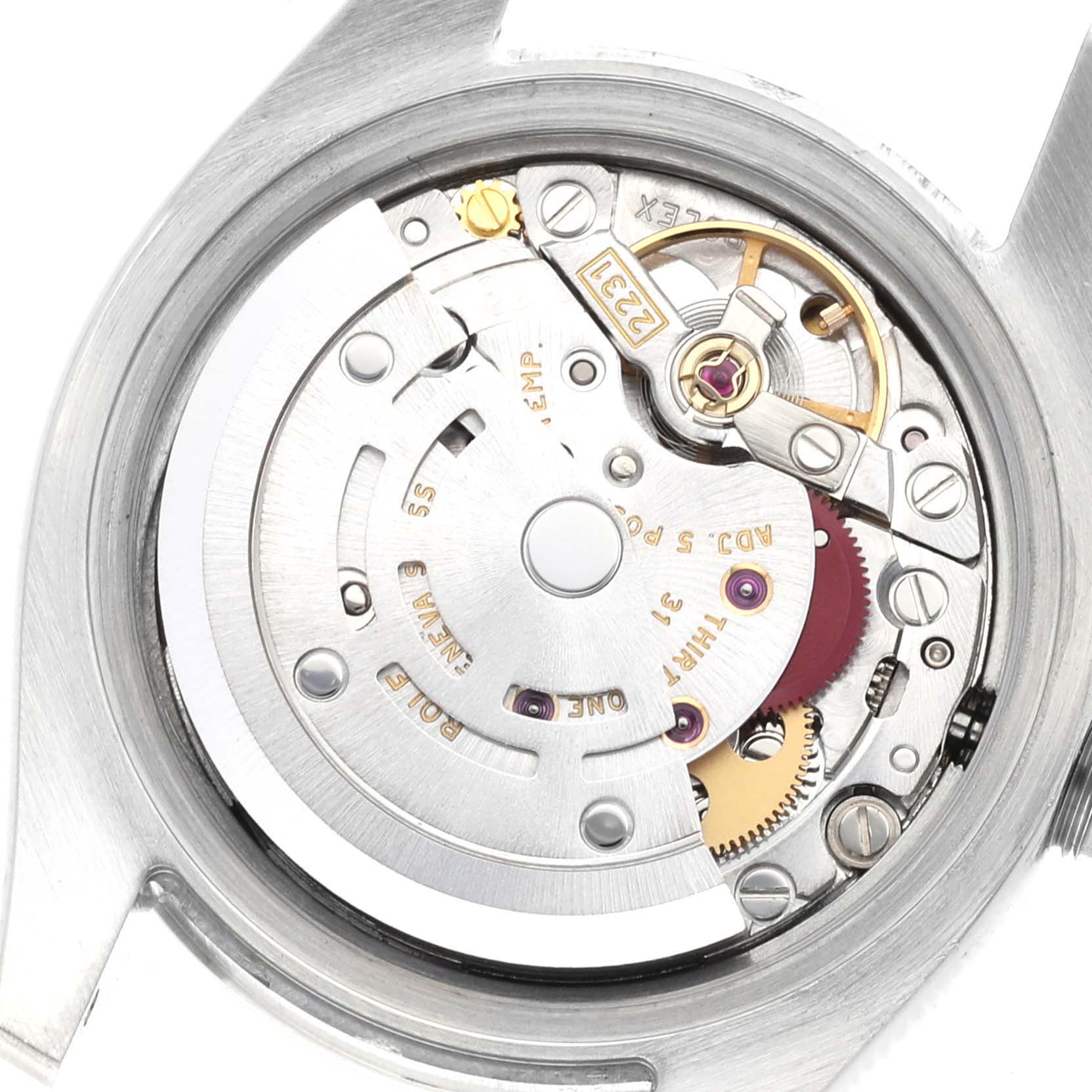 This close-up image shows the internal mechanical movement of a Rolex Oyster Perpetual 176200 Women's Stainless Steel Black Dial 176200 Women's Stainless Steel Black Dial watch.