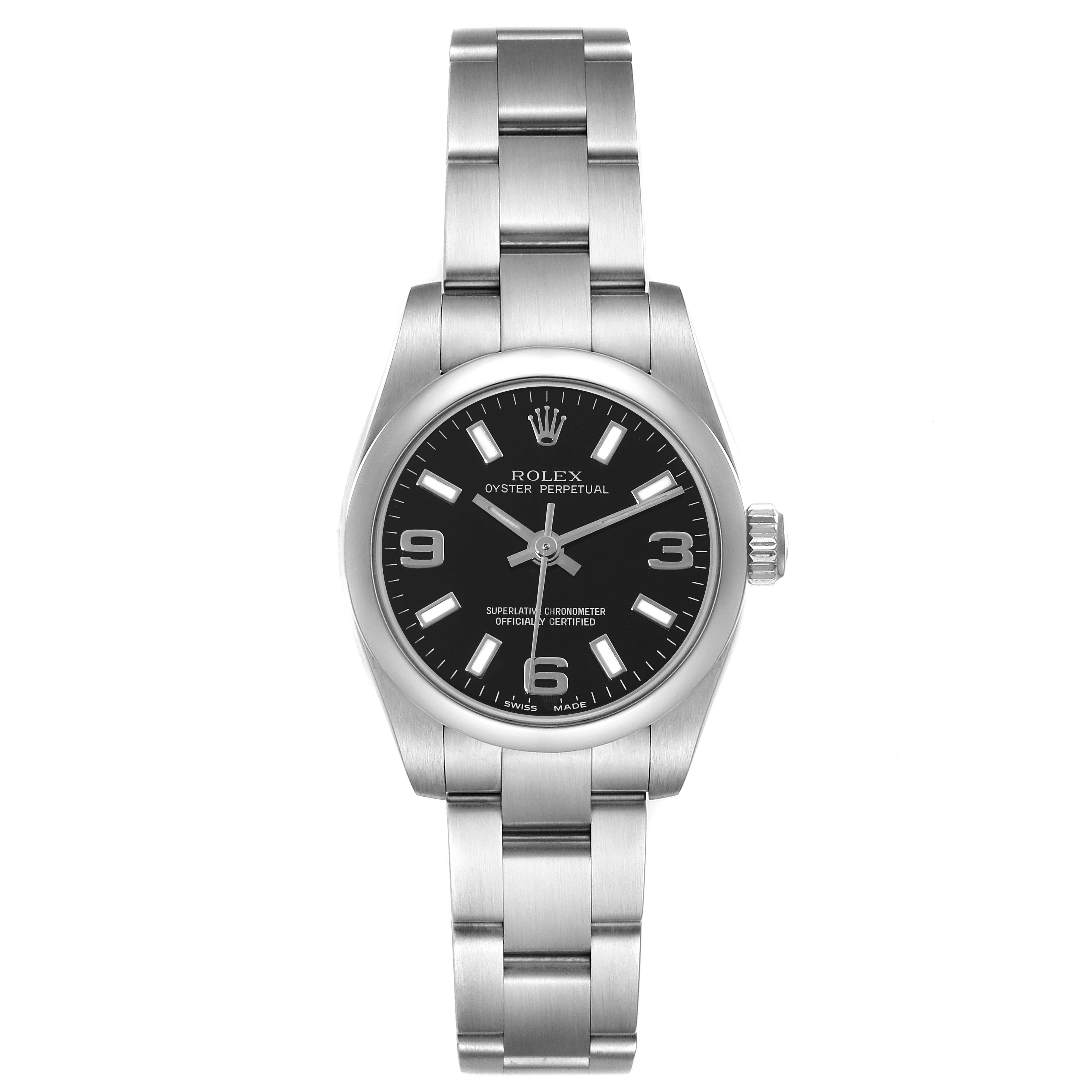 The image shows a front view of the Rolex Oyster Perpetual 176200 Women's Stainless Steel Black Dial 176200 Women's Stainless Steel Black Dial watch, highlighting the black dial, luminescent hour markers, and silver bracelet.