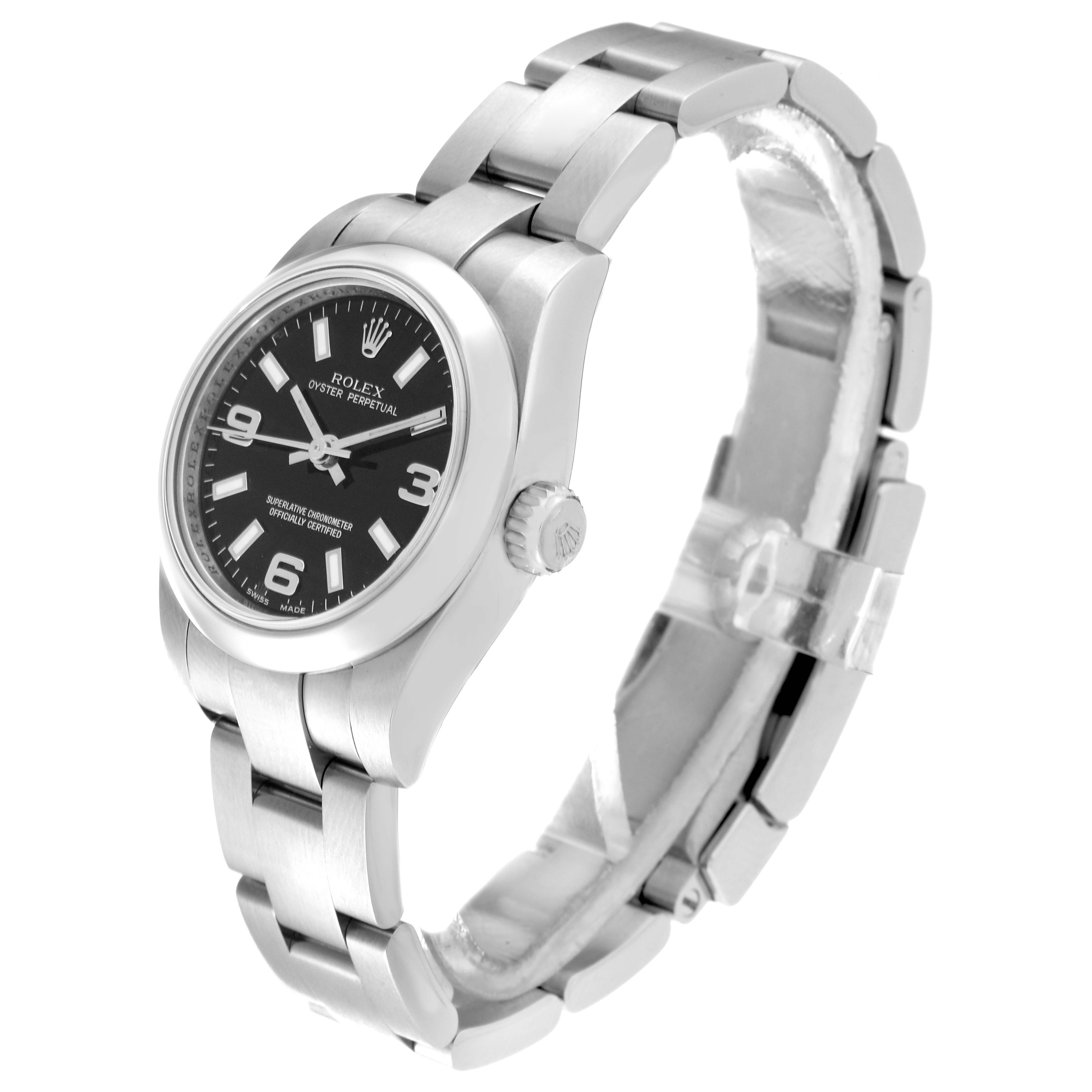 This image shows a side angle of a Rolex Oyster Perpetual 176200 Women's Stainless Steel Black Dial 176200 Women's Stainless Steel Black Dial watch, with the face, crown, and part of the bracelet visible.