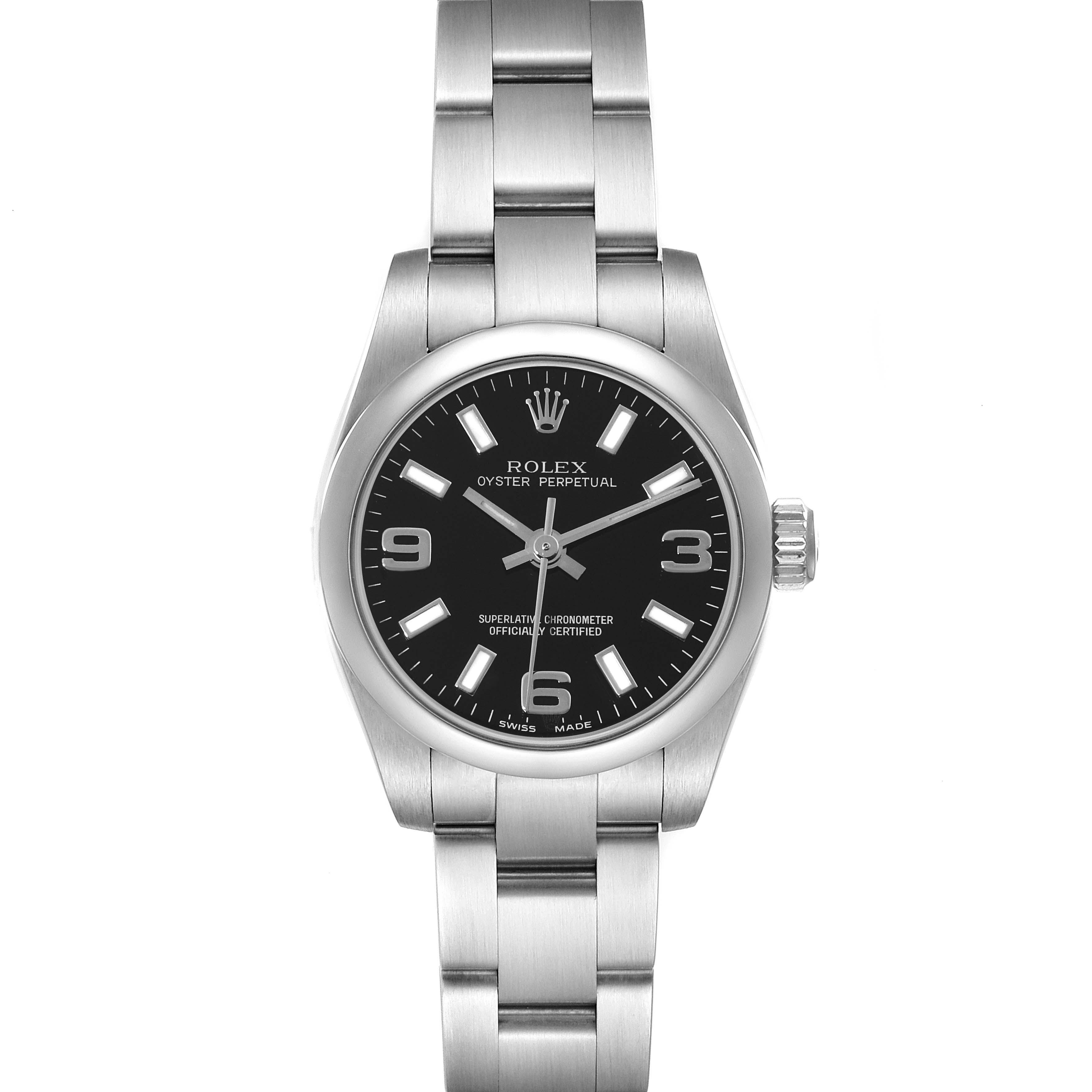 The image shows a front view of a Rolex Oyster Perpetual 176200 Women's Stainless Steel Black Dial 176200 Women's Stainless Steel Black Dial watch, displaying its black dial, hour markers, and silver bracelet.