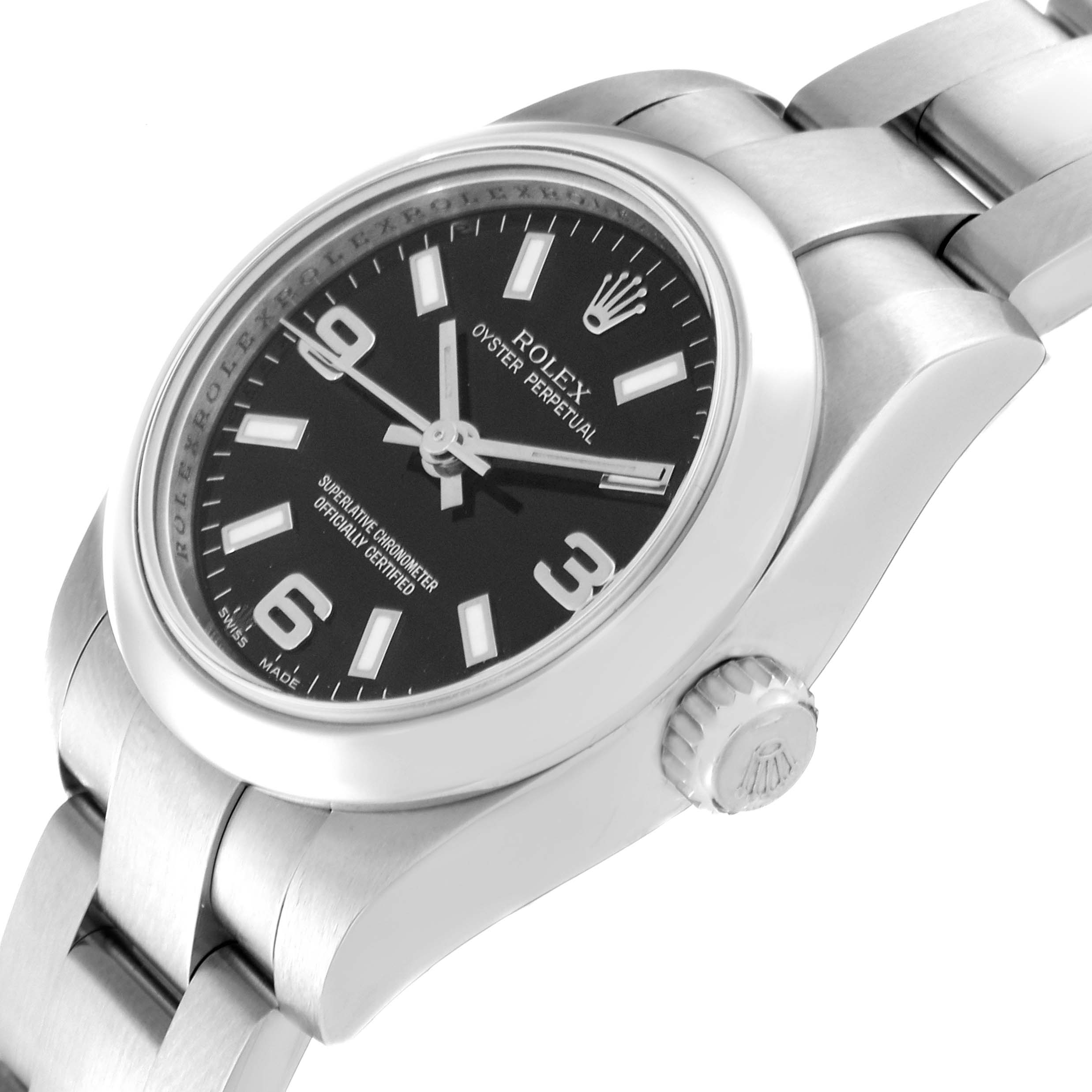 The image shows a side angle of a Rolex Oyster Perpetual 176200 Women's Stainless Steel Black Dial 176200 Women's Stainless Steel Black Dial watch, highlighting the dial, case, crown, and part of the bracelet.