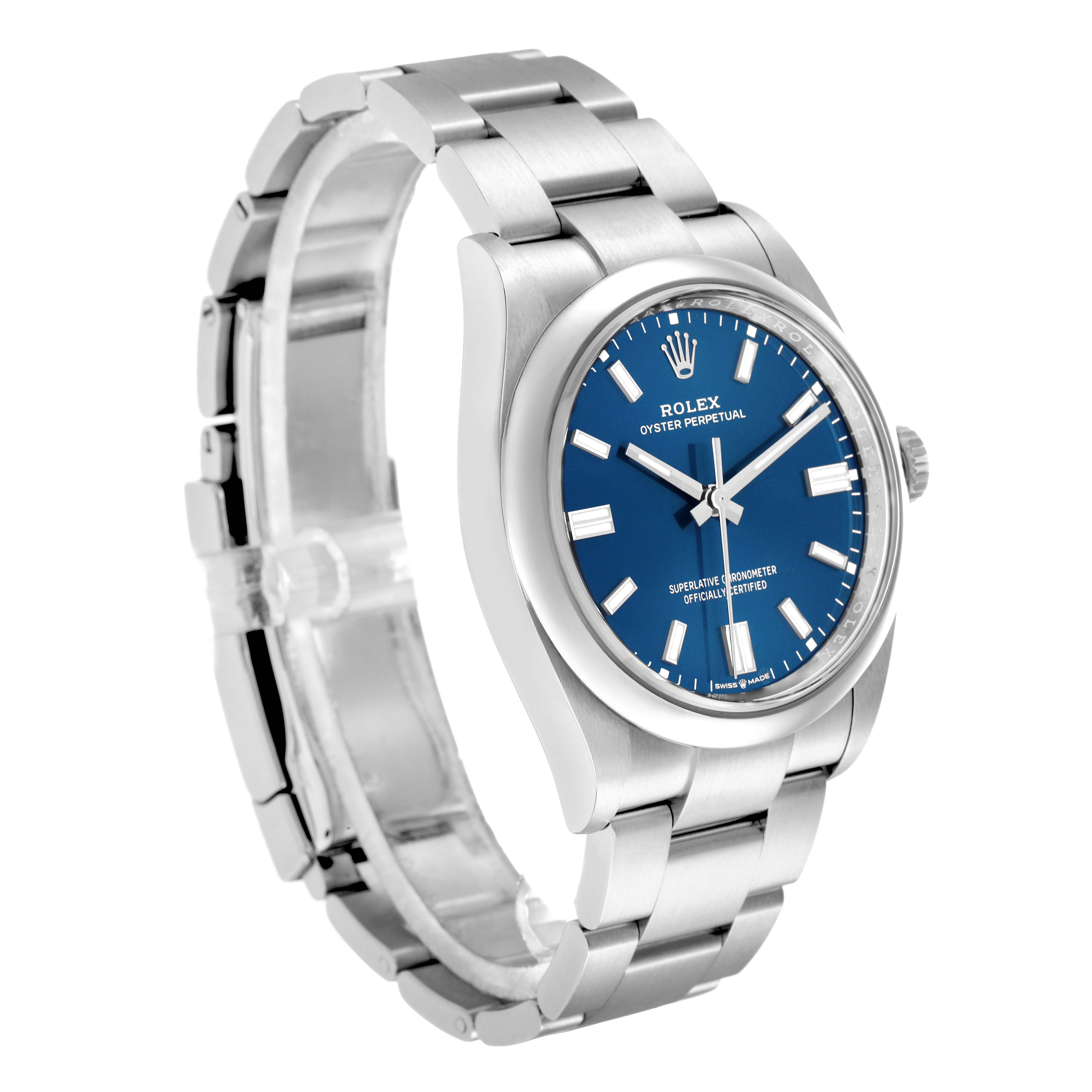 The Rolex Oyster Perpetual 126000 Men
s Stainless Steel Blue Dial watch is shown from a front-left angle, highlighting its blue dial, bezel, case, and bracelet.
