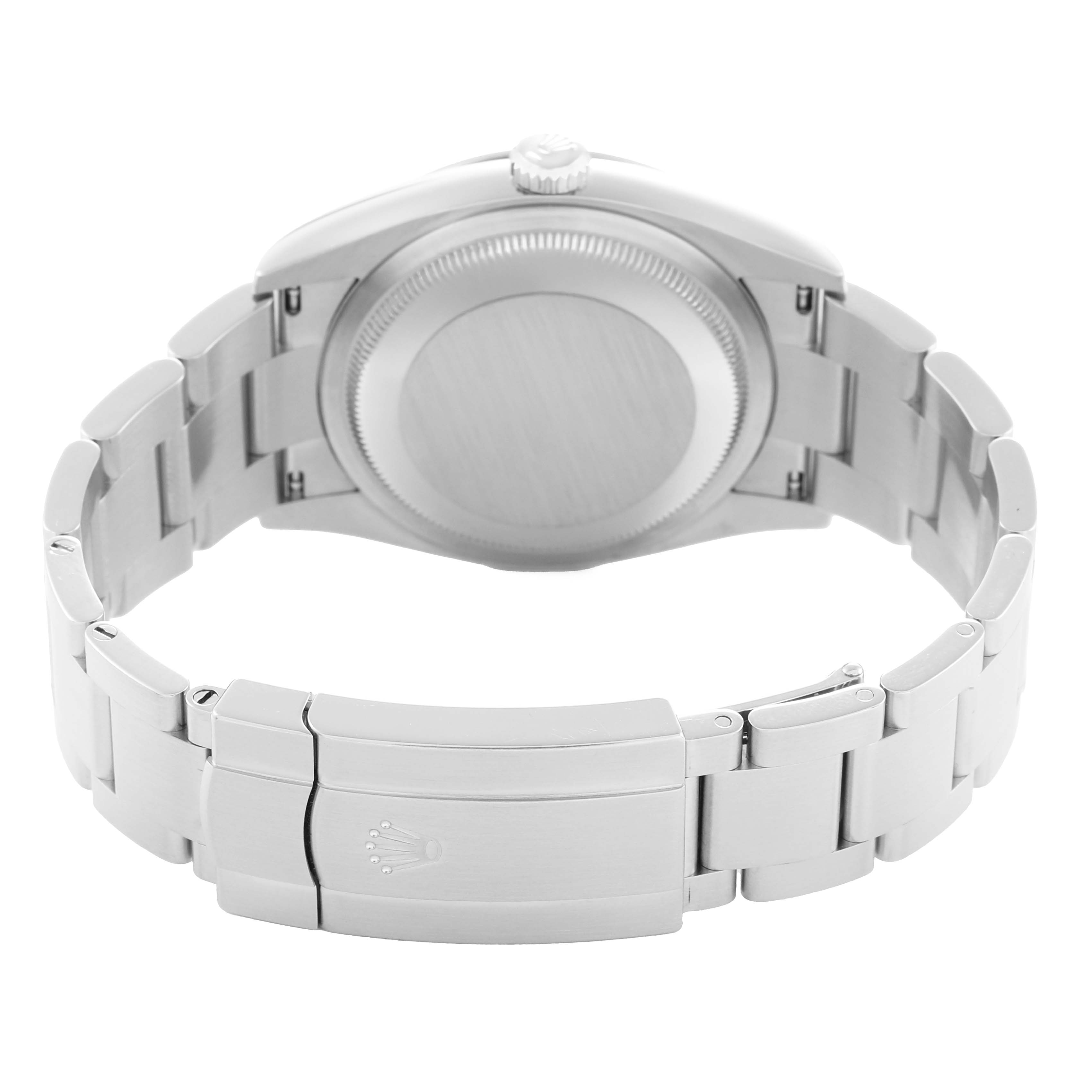 The image shows the back and bracelet of a Rolex Oyster Perpetual 126000 Men
s Stainless Steel Blue Dial, focusing on the clasp and case back.