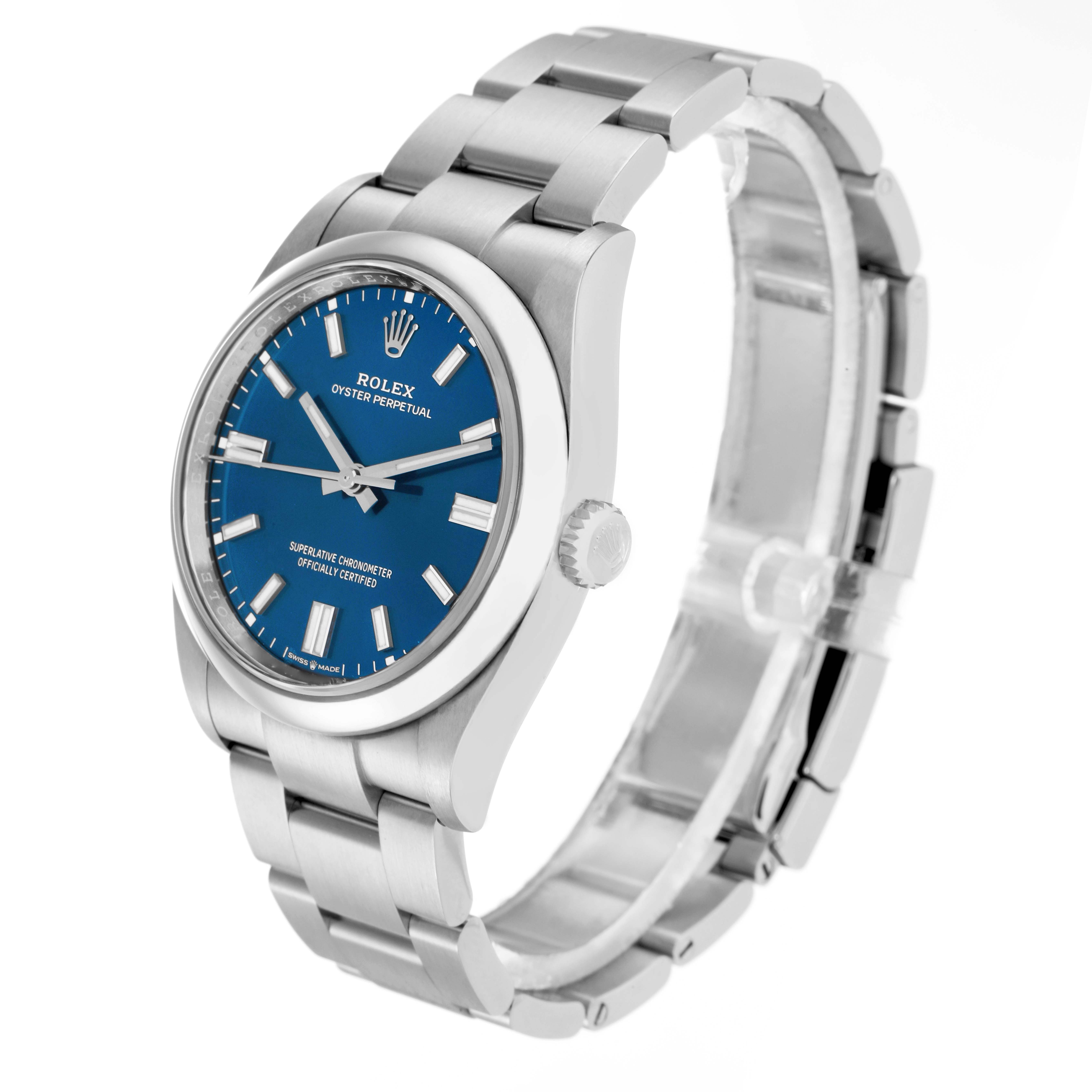 The Rolex Oyster Perpetual 126000 Men
s Stainless Steel Blue Dial watch is shown from a three-quarter angle, highlighting its face, bezel, crown, and bracelet.
