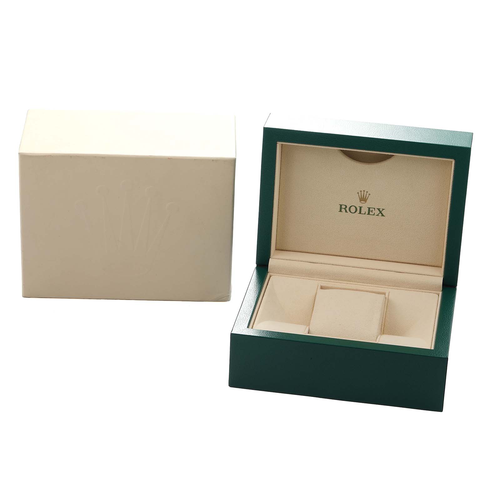 The image shows the packaging and open box of a Rolex Oyster Perpetual 126000 Men
s Stainless Steel Blue Dial watch, displaying the box
s interior and exterior.