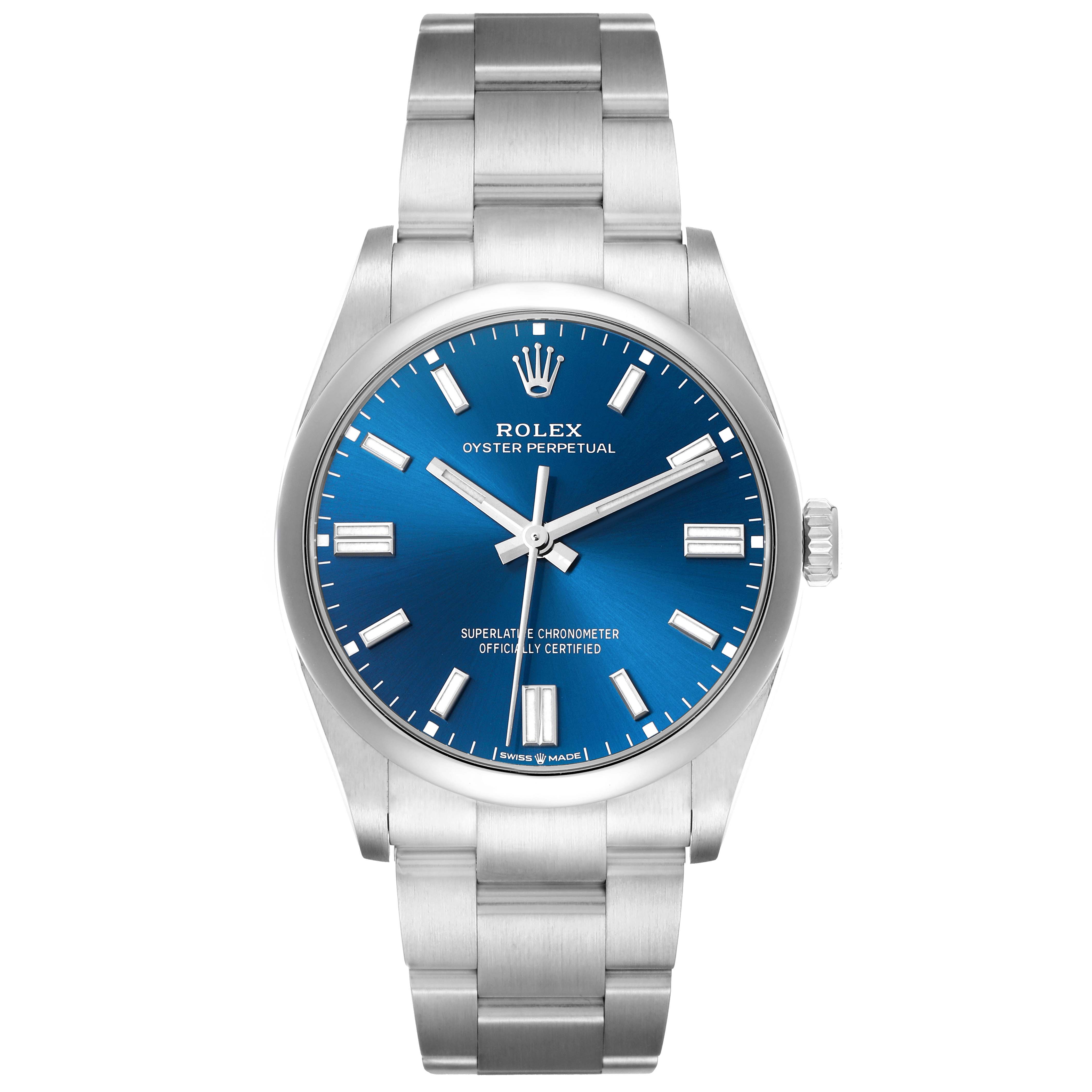 The Rolex Oyster Perpetual 126000 Men
s Stainless Steel Blue Dial watch is shown from a top-down angle, highlighting the blue dial and stainless steel bracelet.