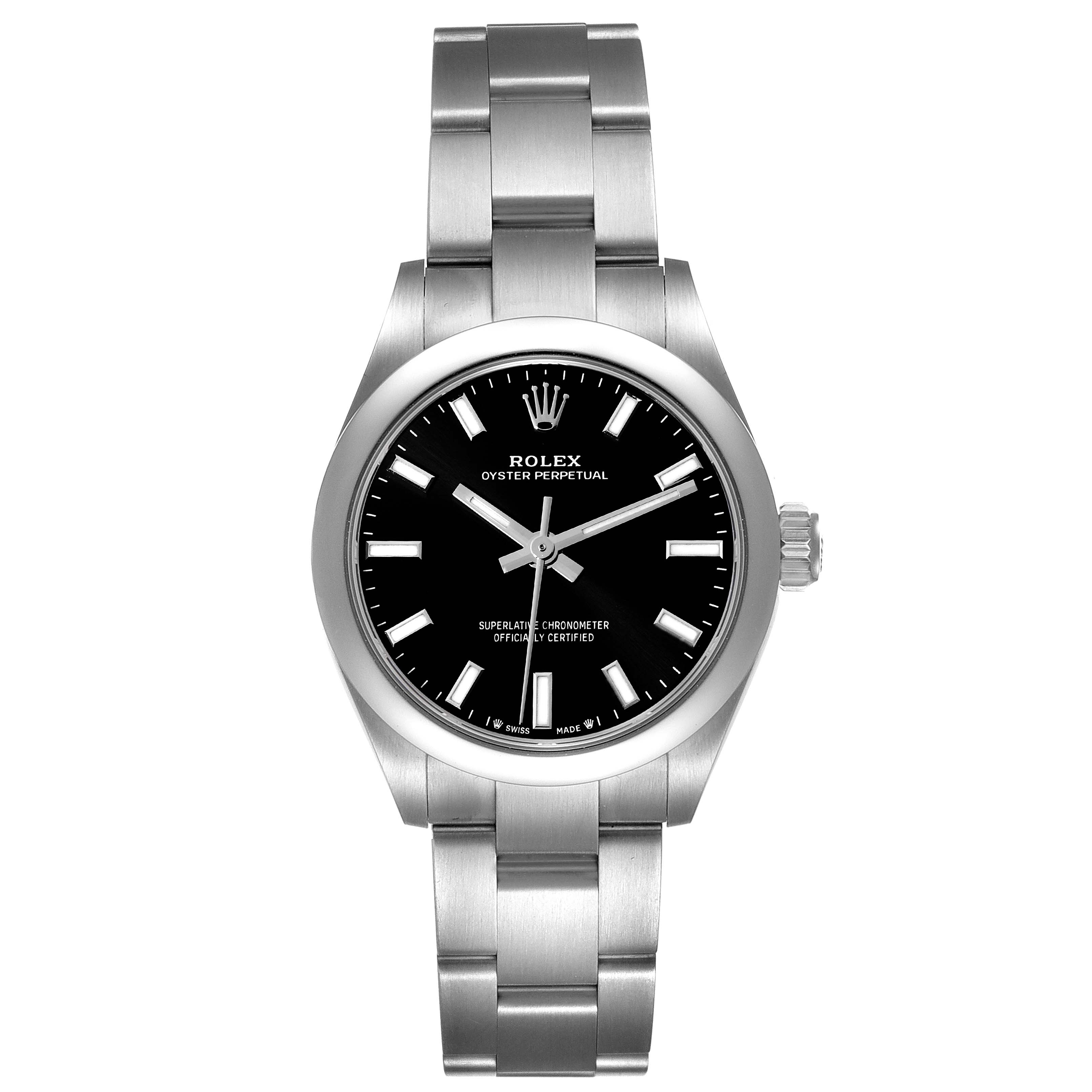 This image shows a front view of a Rolex Oyster Perpetual 276200 Women's Stainless Steel Black Dial 276200 Women's Stainless Steel Black Dial watch, highlighting the black dial, hands, markers, and stainless steel bracelet.