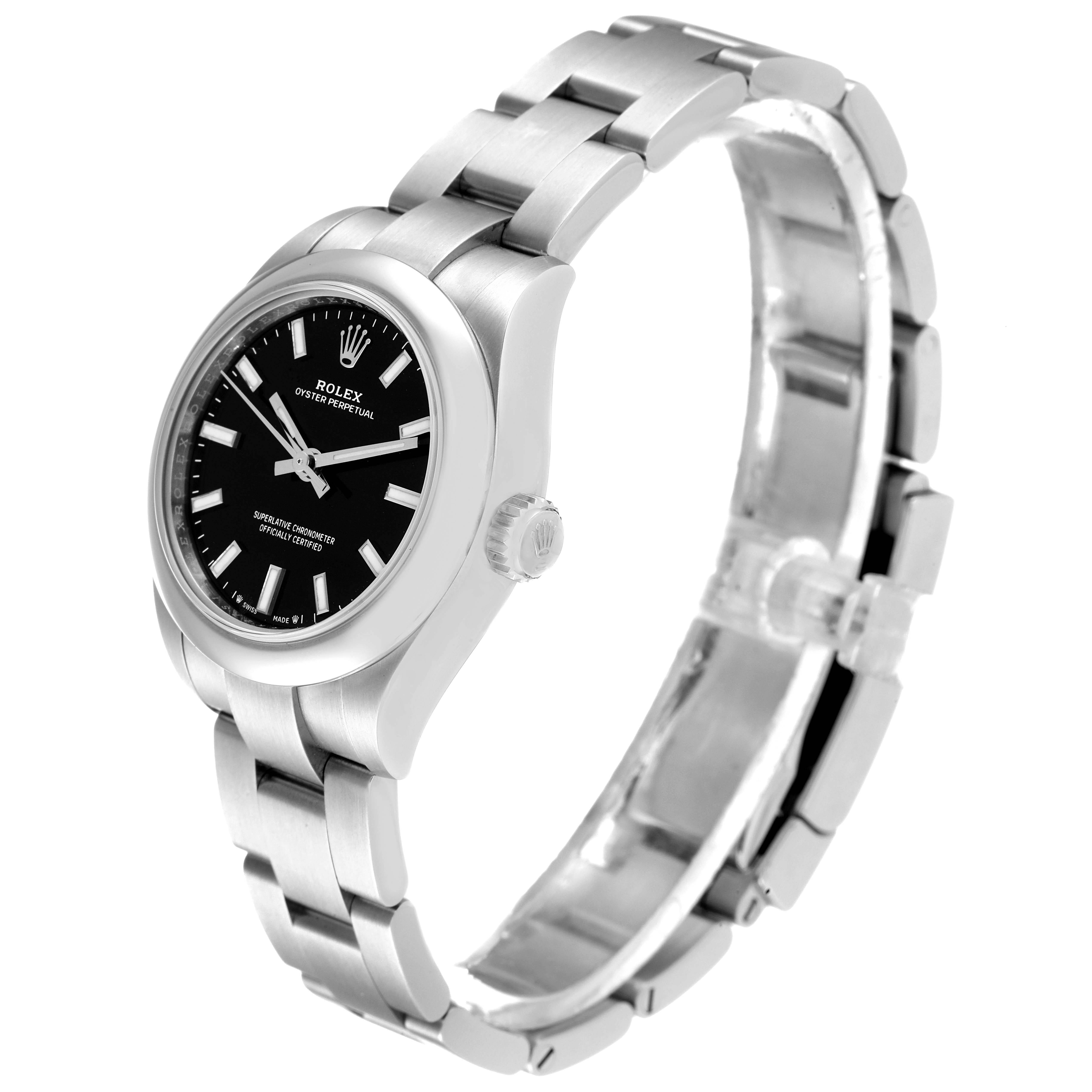 This image shows a side angle of a Rolex Oyster Perpetual 276200 Women's Stainless Steel Black Dial 276200 Women's Stainless Steel Black Dial watch, displaying the watch face, crown, and stainless steel bracelet.