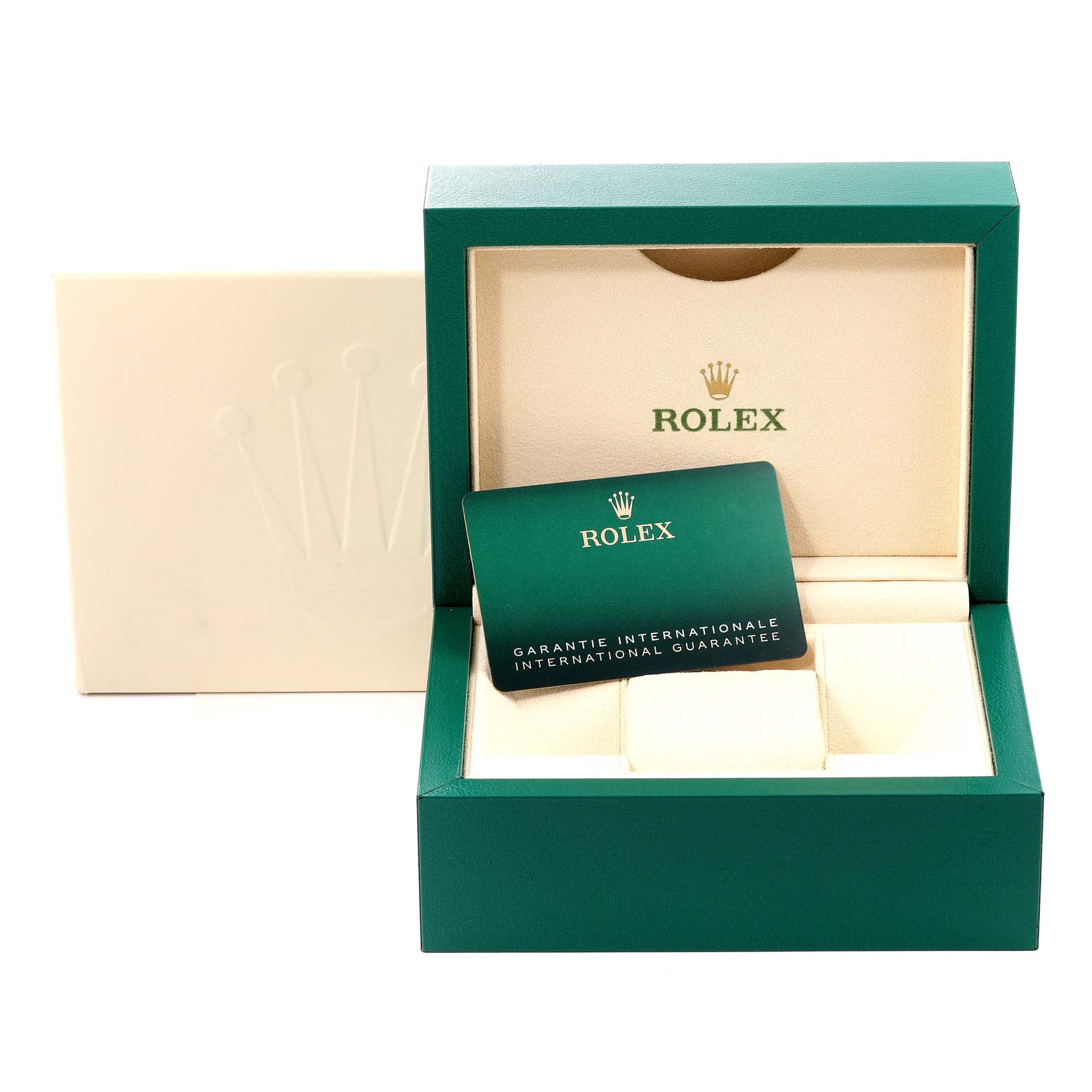 The image shows a Rolex Oyster Perpetual 276200 Women's Stainless Steel Black Dial 276200 Women's Stainless Steel Black Dial watch box, including an international guarantee card, viewed from the front.