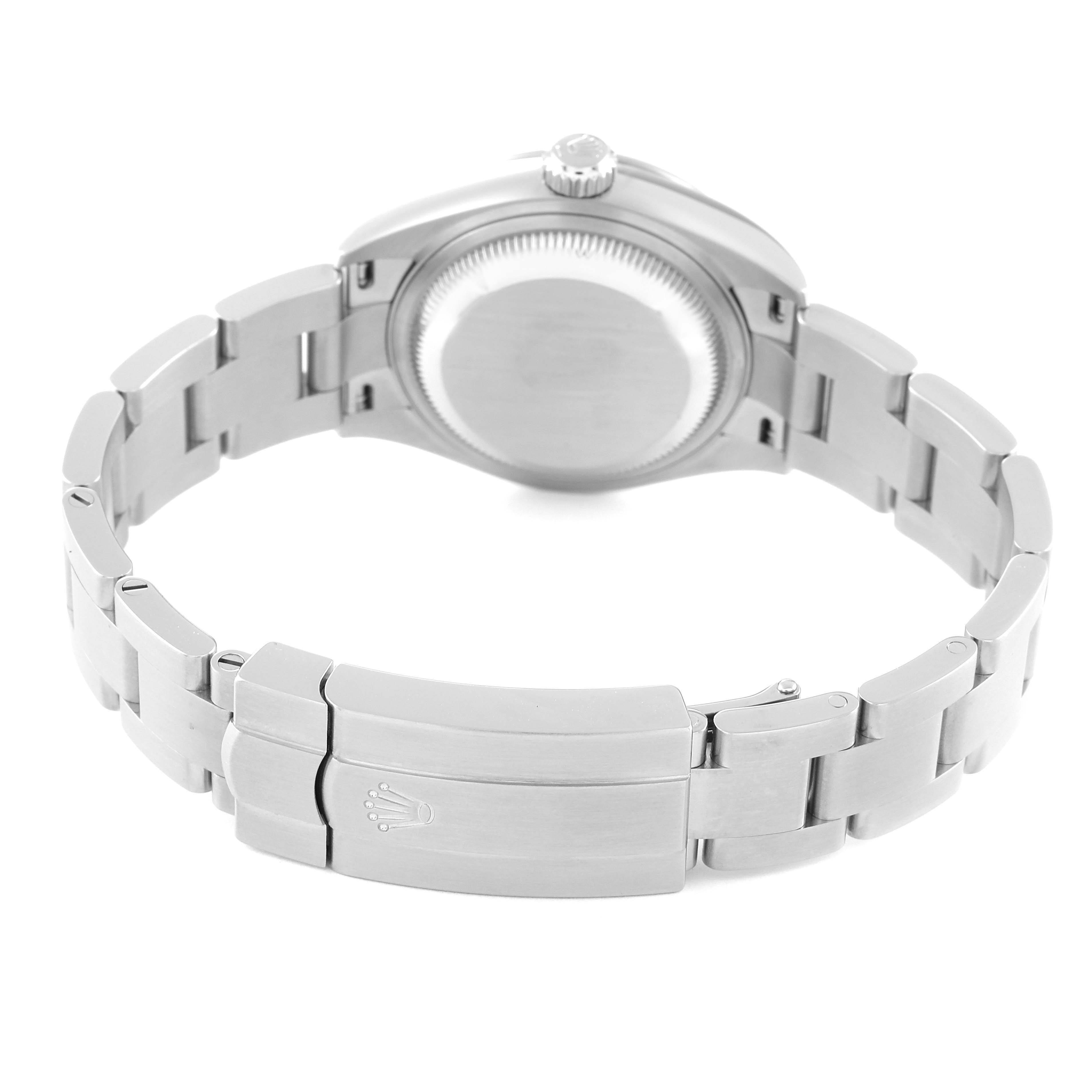 This image shows the back view of the Rolex Oyster Perpetual 276200 Women's Stainless Steel Black Dial 276200 Women's Stainless Steel Black Dial watch, focusing on the caseback and part of the metal bracelet with the clasp.