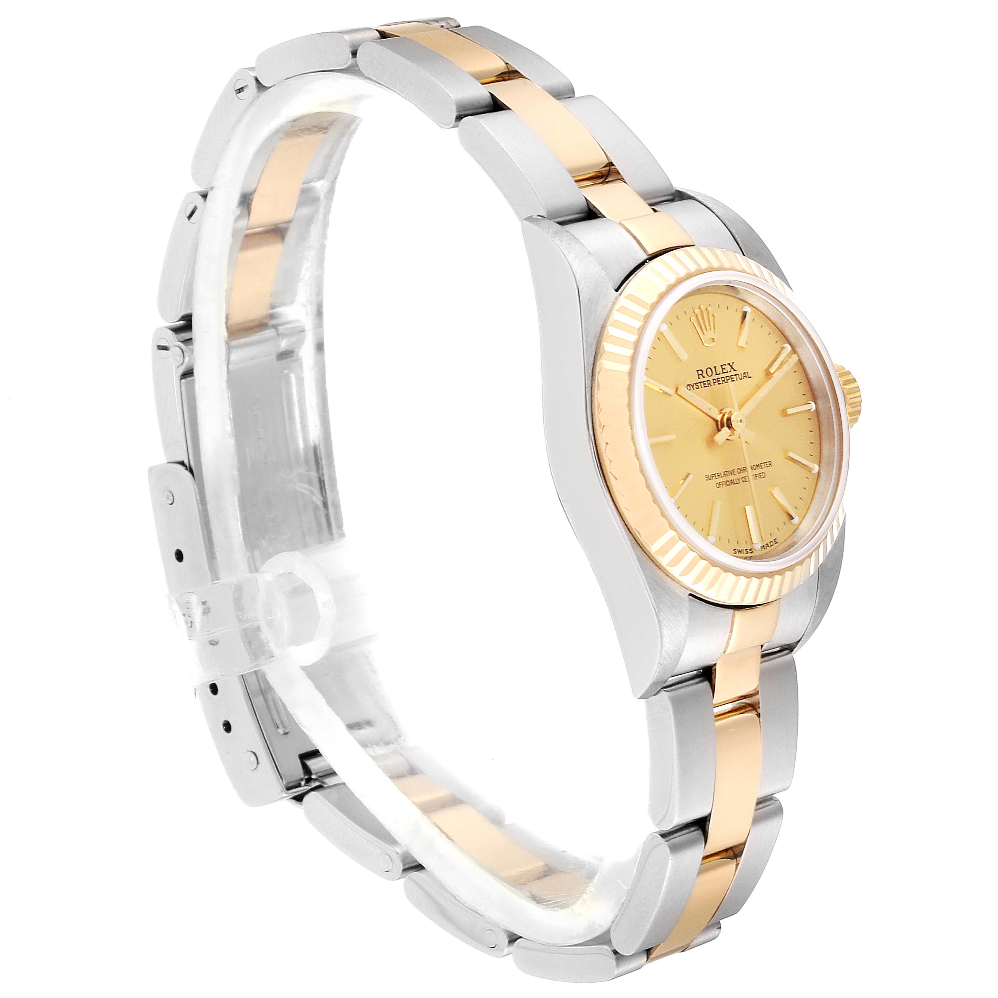 The image shows a side view of the Rolex Datejust 76193 Women's Steel and Gold (two tone) Champagne Dial 76193 Women's Steel and Gold (two tone) Champagne Dial watch, highlighting the two-tone band and the face with a gold dial.