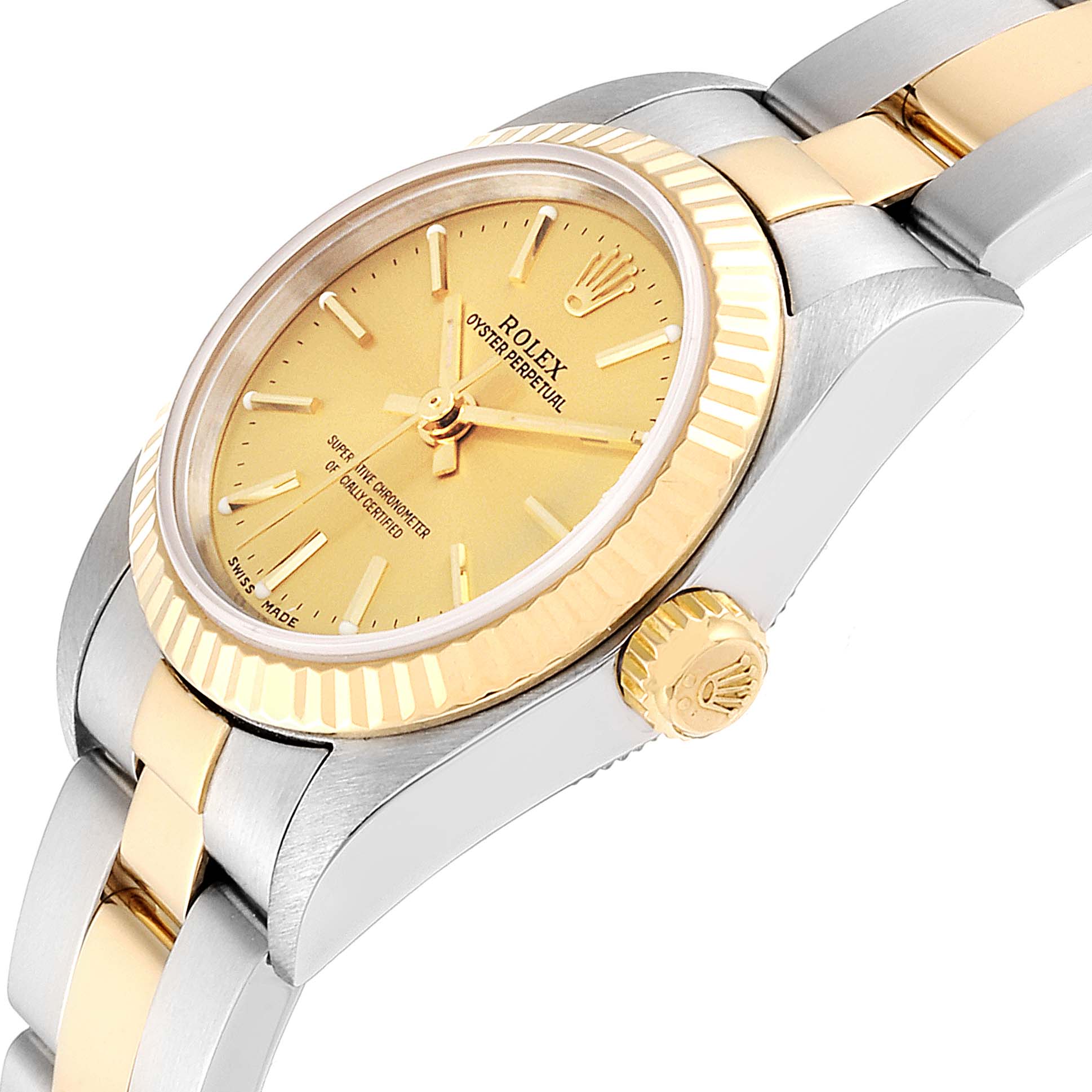 This image shows a close-up, angled view of the Rolex Datejust 76193 Women's Steel and Gold (two tone) Champagne Dial 76193 Women's Steel and Gold (two tone) Champagne Dial, featuring the dial, crown, bezel, and part of the bracelet.
