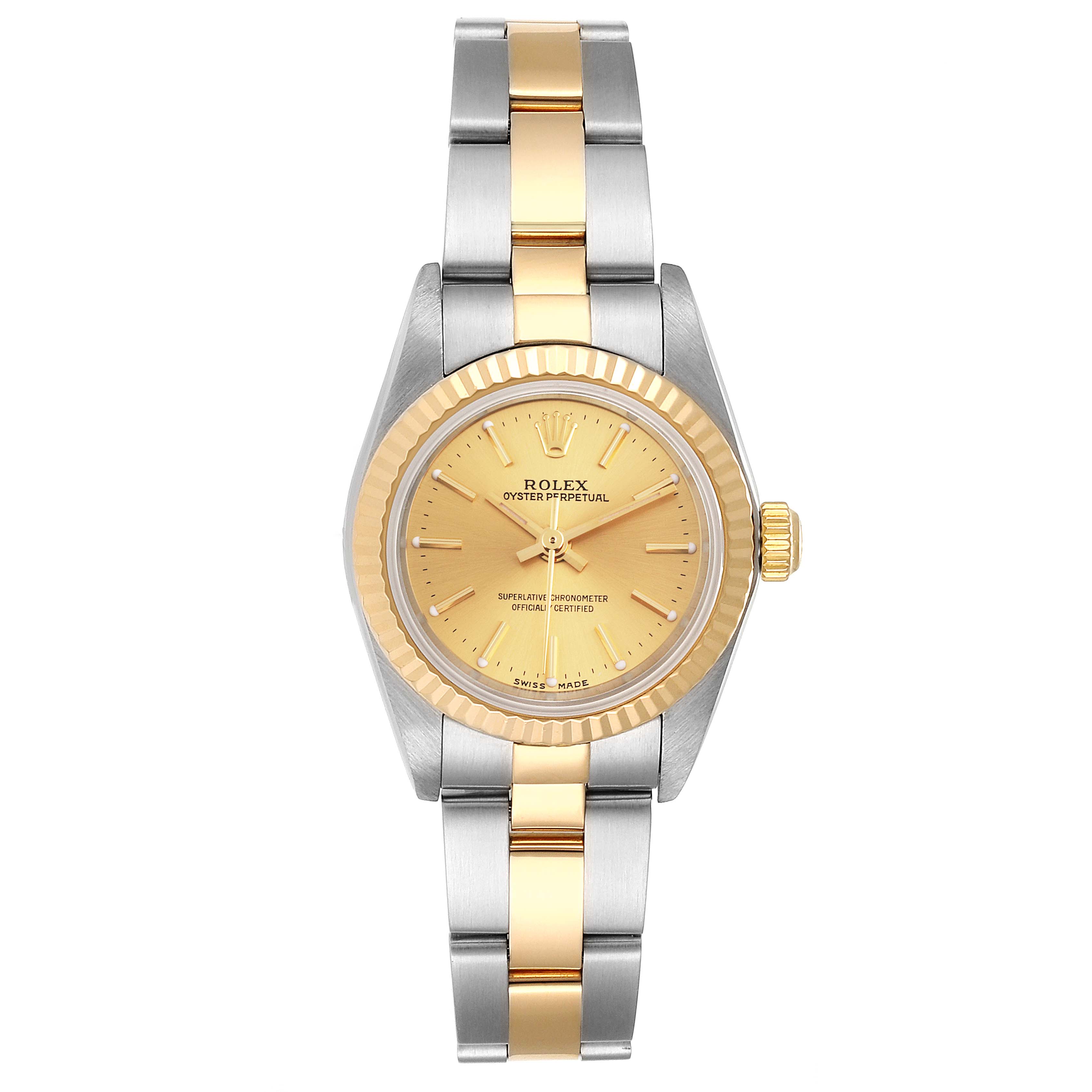 The image shows a front view of a Rolex Datejust 76193 Women's Steel and Gold (two tone) Champagne Dial 76193 Women's Steel and Gold (two tone) Champagne Dial watch, highlighting its dial, bezel, and two-tone bracelet.