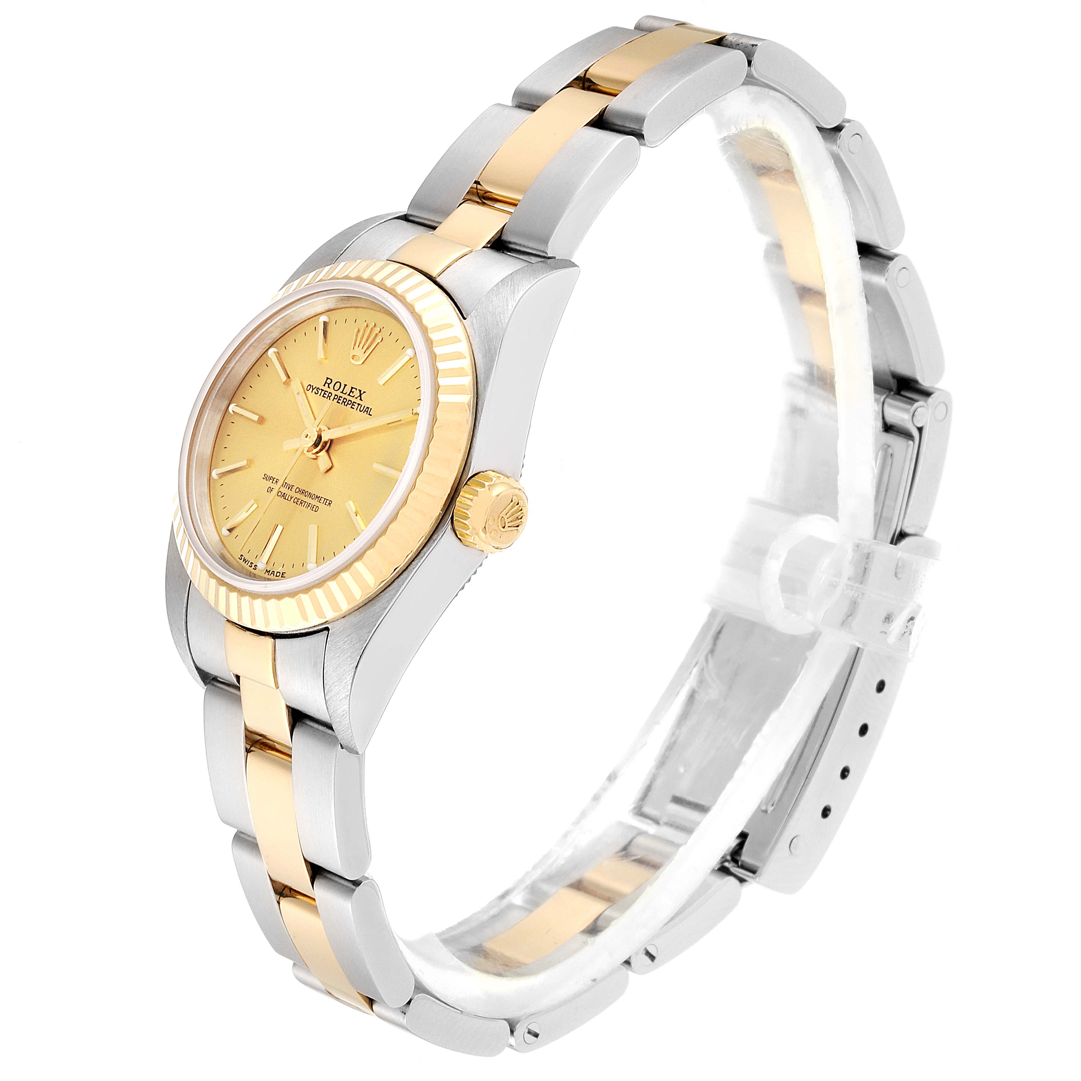 The Rolex Datejust 76193 Women's Steel and Gold (two tone) Champagne Dial 76193 Women's Steel and Gold (two tone) Champagne Dial watch is shown from a slightly angled side view, showcasing the dial, bezel, crown, and bracelet.