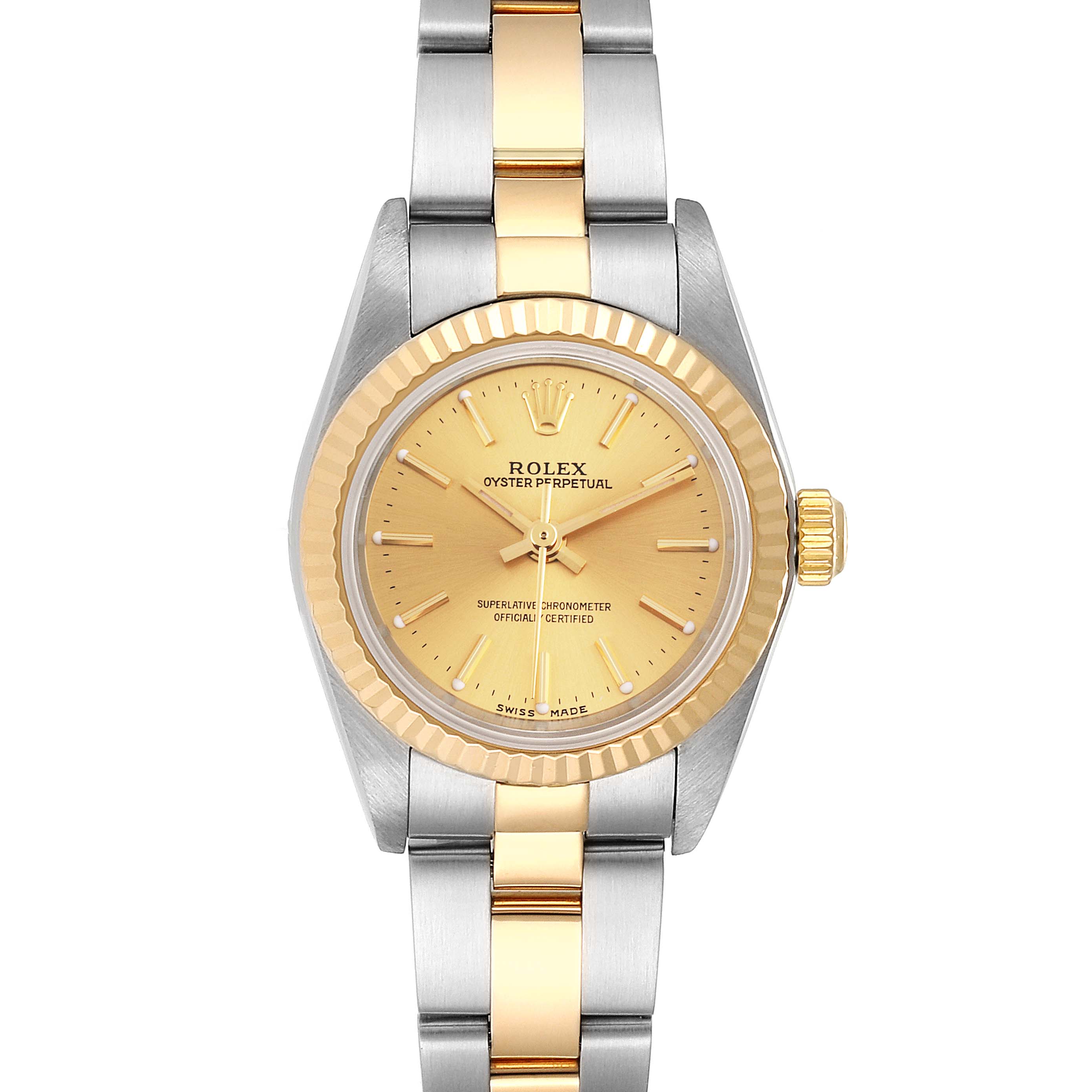 This is a front view of a Rolex Datejust 76193 Women's Steel and Gold (two tone) Champagne Dial 76193 Women's Steel and Gold (two tone) Champagne Dial watch showing the dial, bezel, crown, and parts of the bracelet.