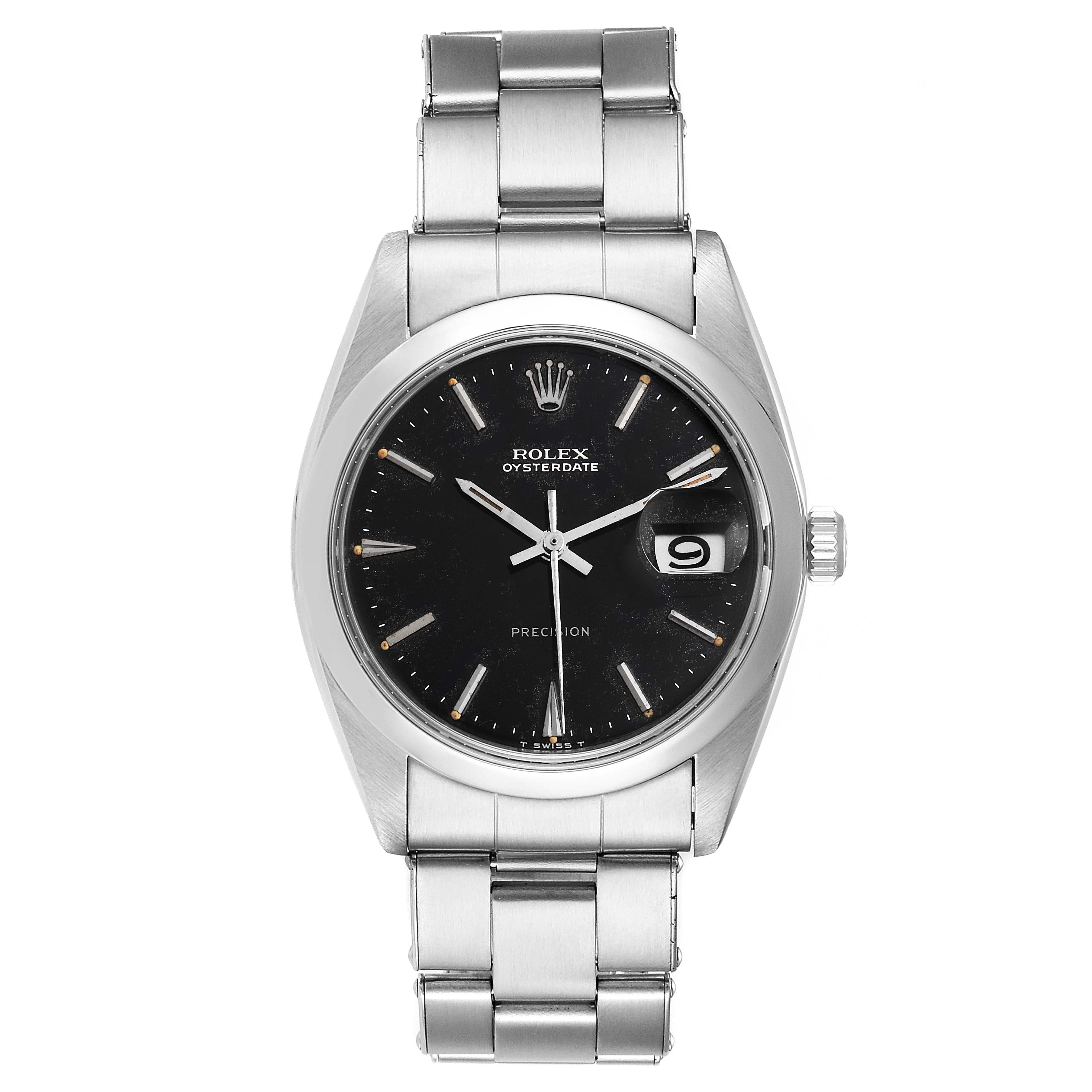 The image shows a front view of the Rolex Vintage Collection 6694 Men's Stainless Steel Black Dial 6694 Men's Stainless Steel Black Dial Oysterdate model, highlighting its dial, case, and bracelet.