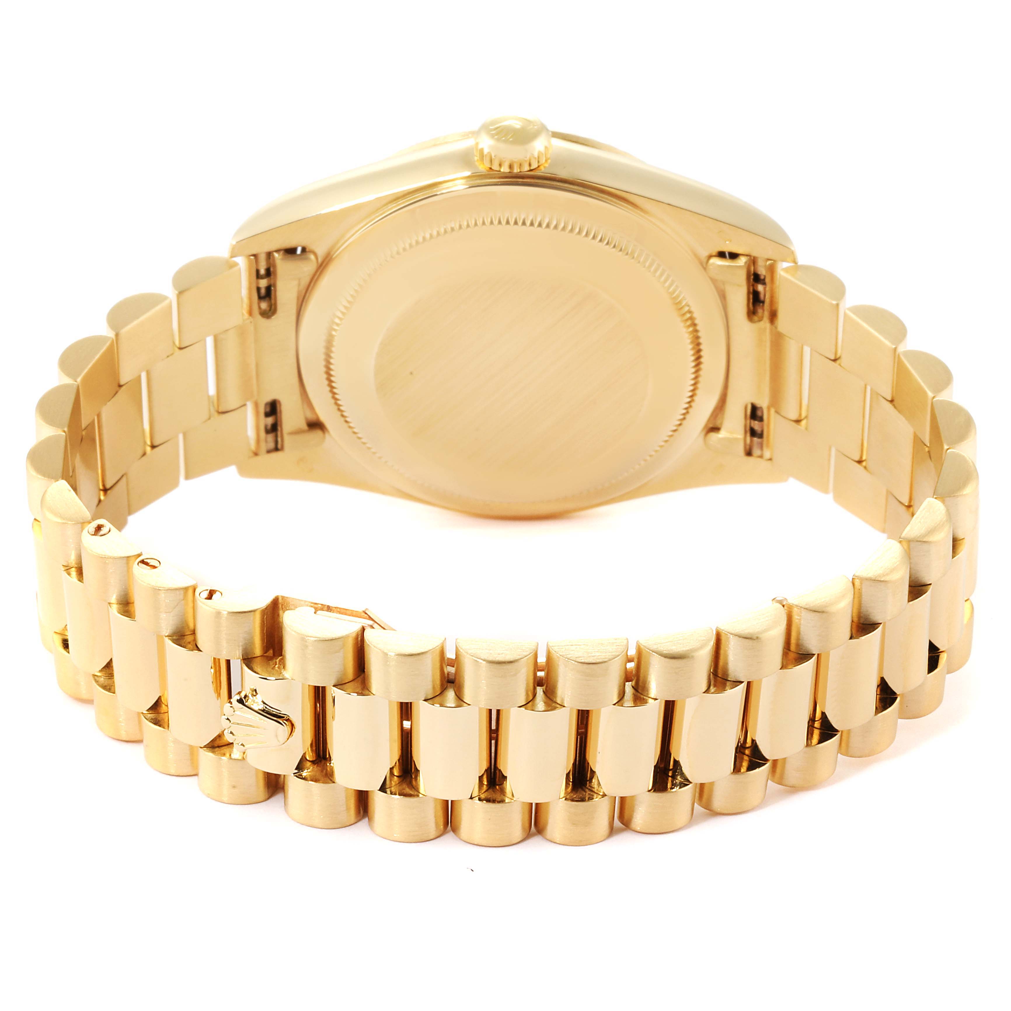 The image shows the back case and bracelet of a Rolex President 18038 Men's Yellow Gold Champagne Dial 18038 Men's Yellow Gold Champagne Dial model watch from a rear angle.