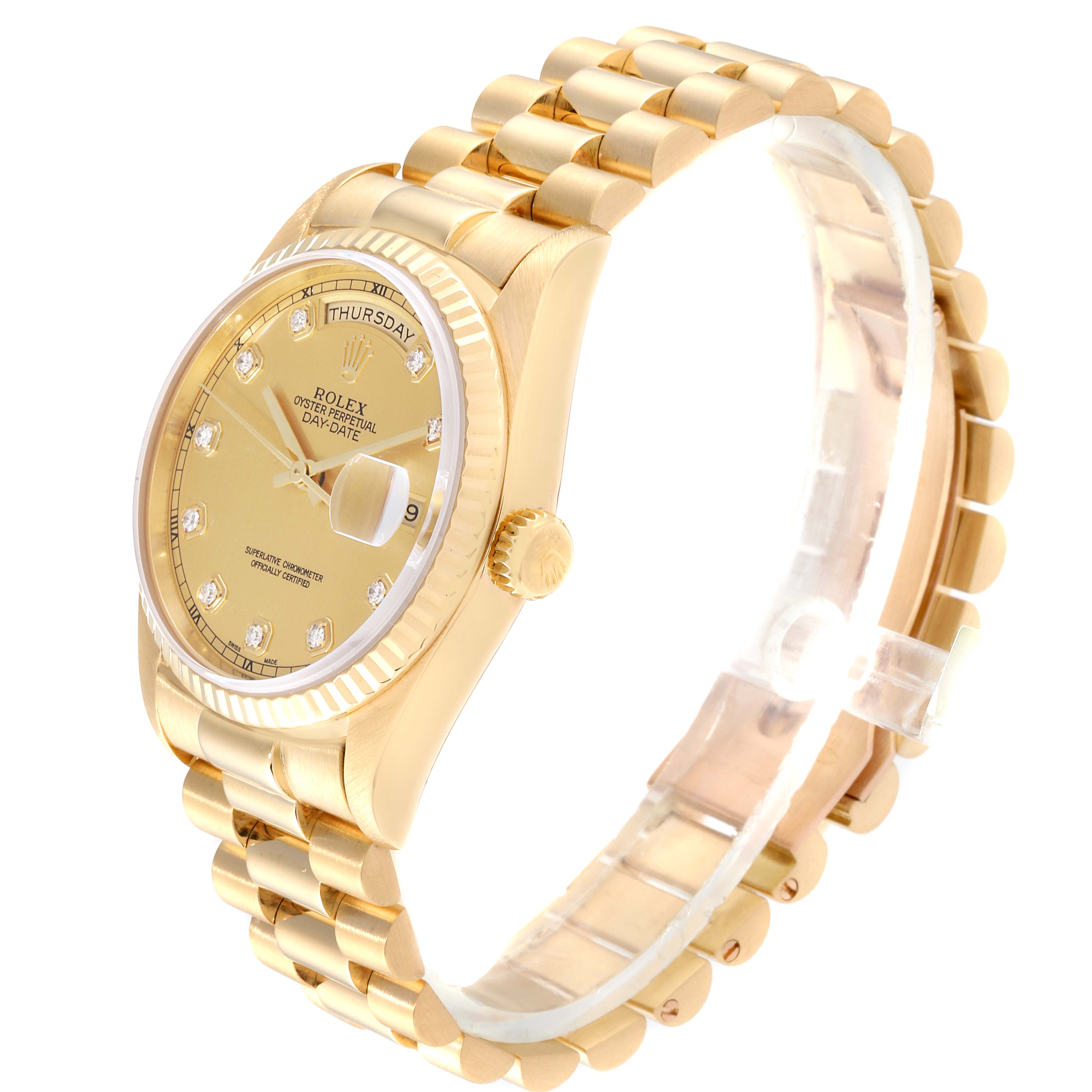 This Rolex President 18038 Men's Yellow Gold Champagne Dial 18038 Men's Yellow Gold Champagne Dial model watch is shown at an angle highlighting the gold band, watch face, bezel, and crown.
